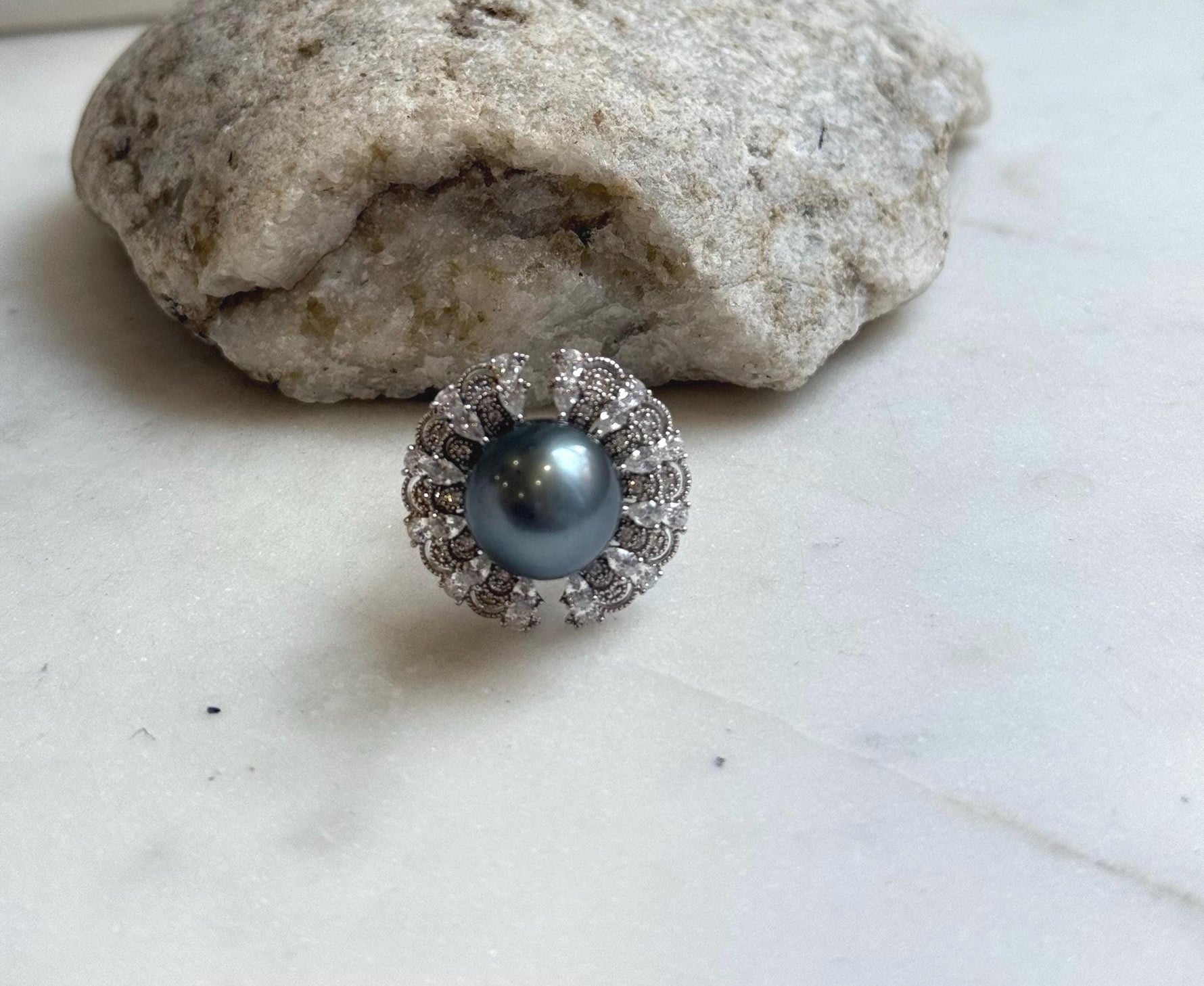12.9mm Tahitian ocean Pearl Floral Ring: Extreme luster mirrored, 2.3cm Dia, Quite Thick S925 Silver Adjustable Ring.