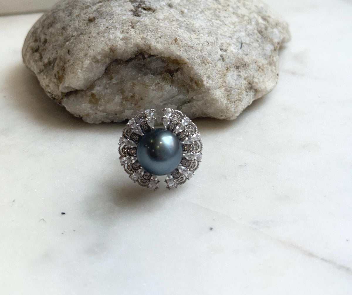 12.9mm Tahitian ocean Pearl Floral Ring: Extreme luster mirrored, 2.3cm Dia, Quite Thick S925 Silver Adjustable Ring.