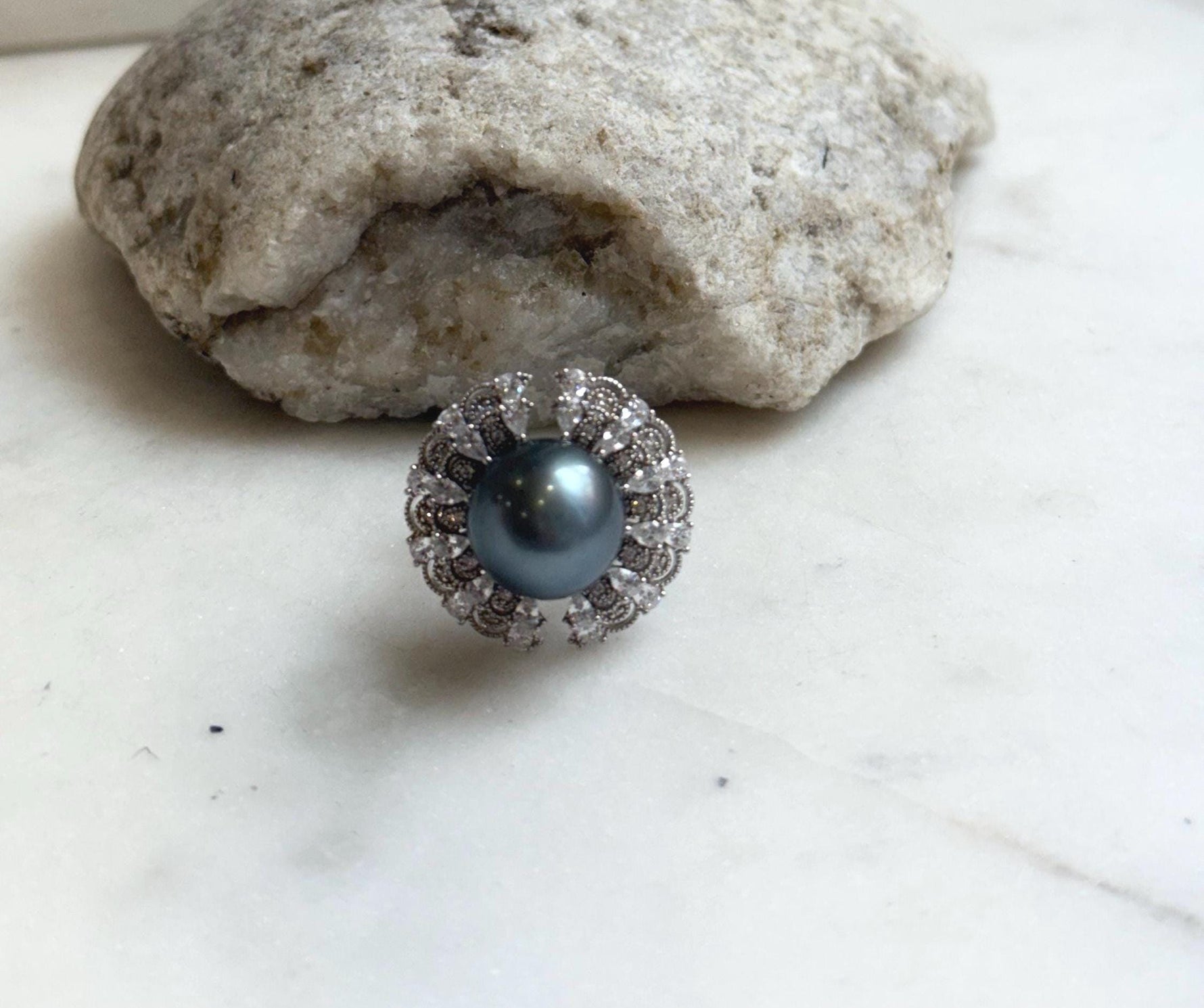 12.9mm Tahitian ocean Pearl Floral Ring: Extreme luster mirrored, 2.3cm Dia, Quite Thick S925 Silver Adjustable Ring.