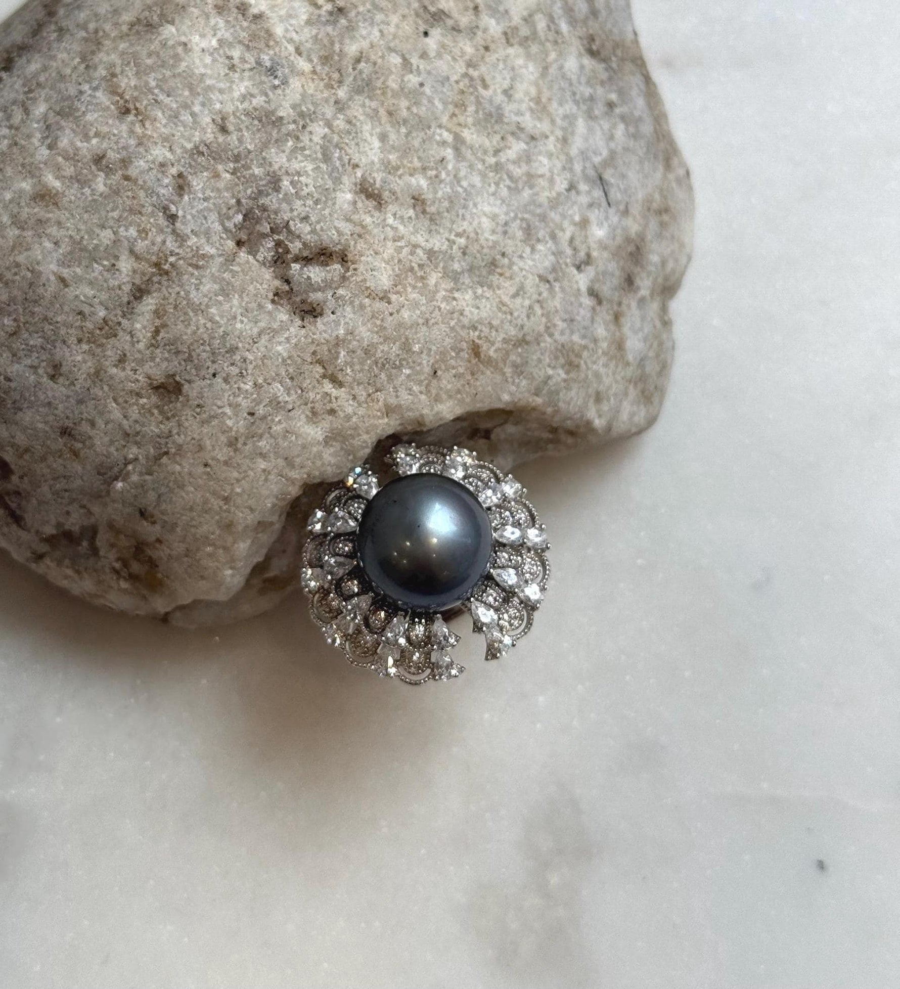 12.9mm Tahitian ocean Pearl Floral Ring: Extreme luster mirrored, 2.3cm Dia, Quite Thick S925 Silver Adjustable Ring.