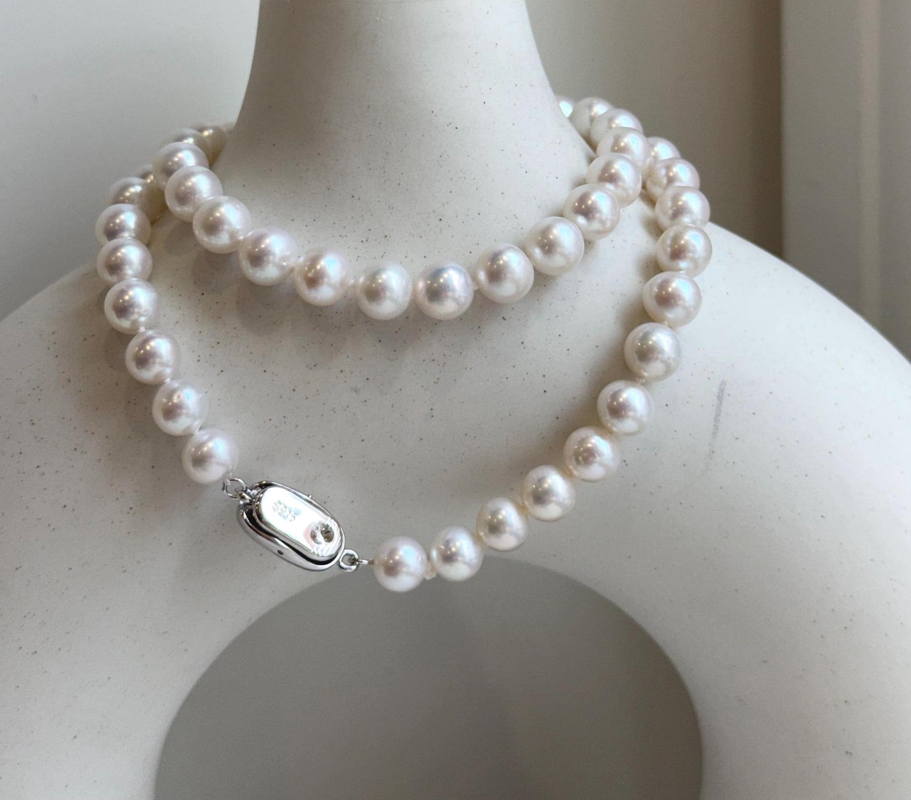 6.7-7.4mm 56pcs white freshwater pearls necklace choker: Extreme luster mirrored, hand knotted, 17.2” S925 silver necklace strand