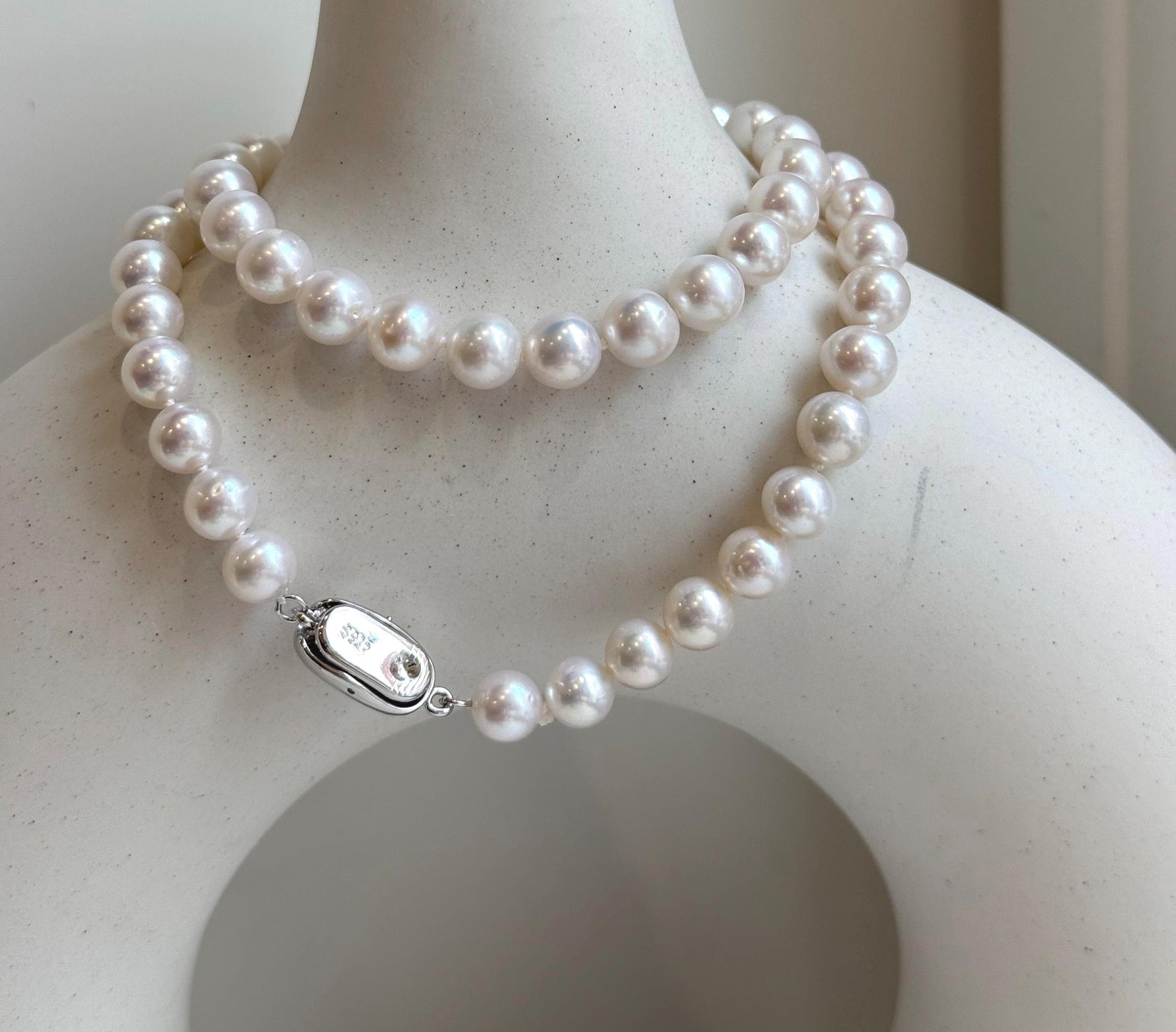 6.7-7.4mm 56pcs white freshwater pearls necklace choker: Extreme luster mirrored, hand knotted, 17.2” S925 silver necklace strand