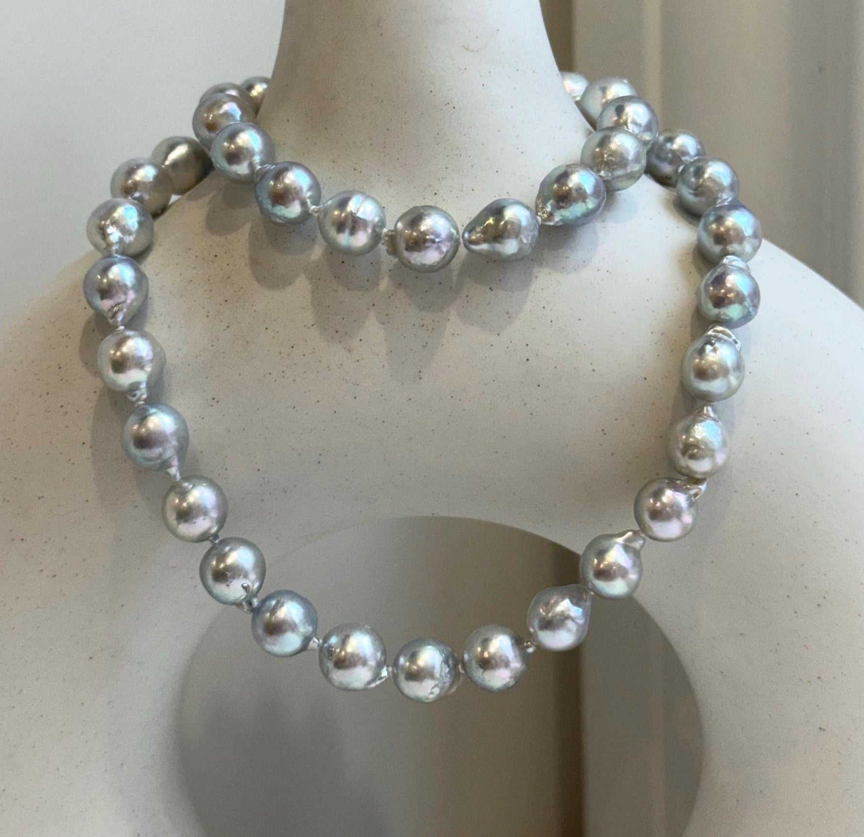 18.8” 41pcs Akoya Blue Silver Ocean pearls long necklace:  Extreme luster, 8.3-8.9mm, Hand knotted, S925 silver necklace strand.