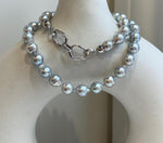 18.8” 41pcs Akoya Blue Silver Ocean pearls long necklace:  Extreme luster, 8.3-8.9mm, Hand knotted, S925 silver necklace strand. gift for her birthday