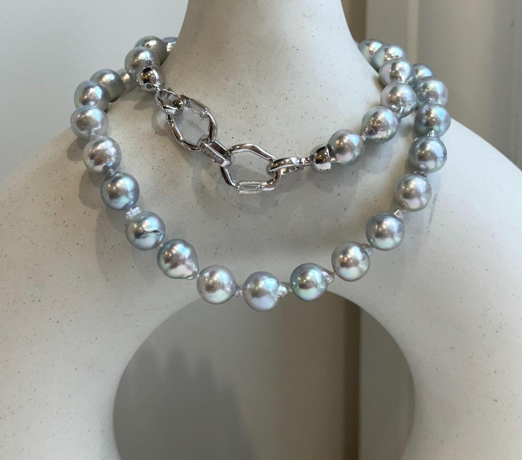 18.8” 41pcs Akoya Blue Silver Ocean pearls long necklace:  Extreme luster, 8.3-8.9mm, Hand knotted, S925 silver necklace strand. gift for her birthday
