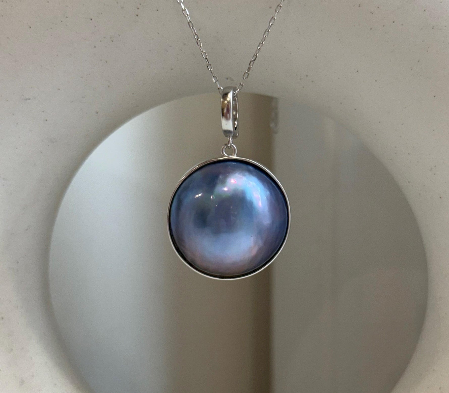 20.7mm Purple blue iridescent Ocean Round Mabe Pearl Pendant: Extreme luster, S925 Silver base pendant Necklace Set. gift for her daily necklace