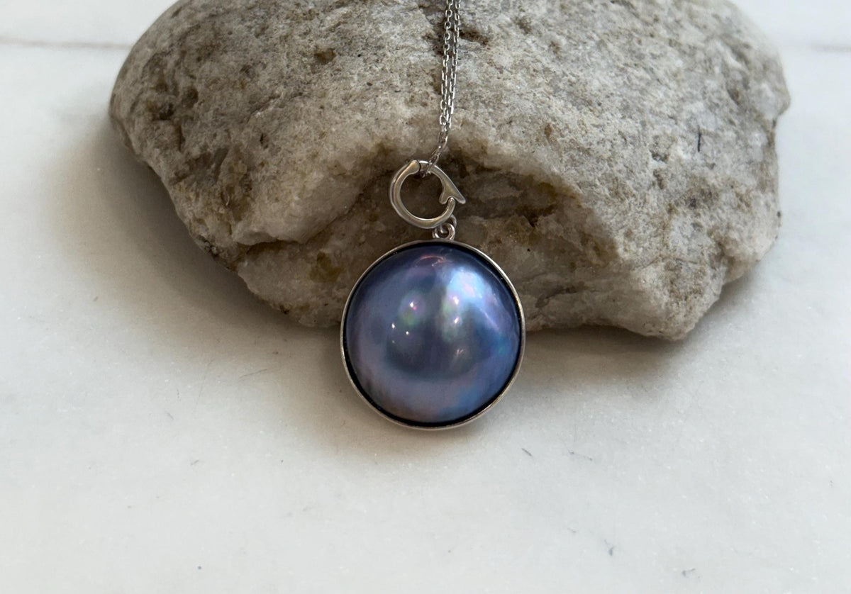 20.7mm Purple blue iridescent Ocean Round Mabe Pearl Pendant: Extreme luster, S925 Silver base pendant Necklace Set.