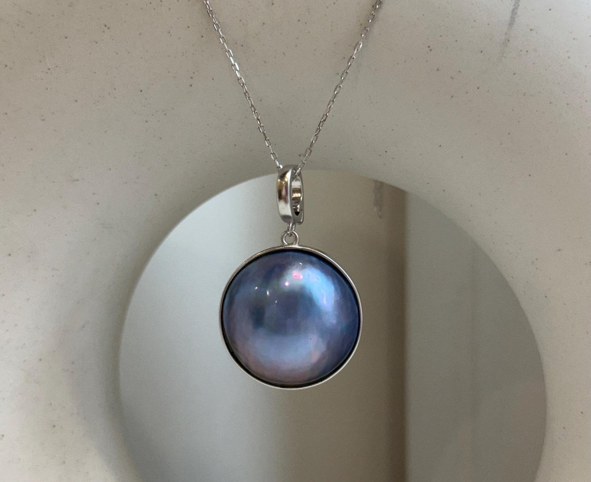 20.7mm Purple blue iridescent Ocean Round Mabe Pearl Pendant: Extreme luster, S925 Silver base pendant Necklace Set.