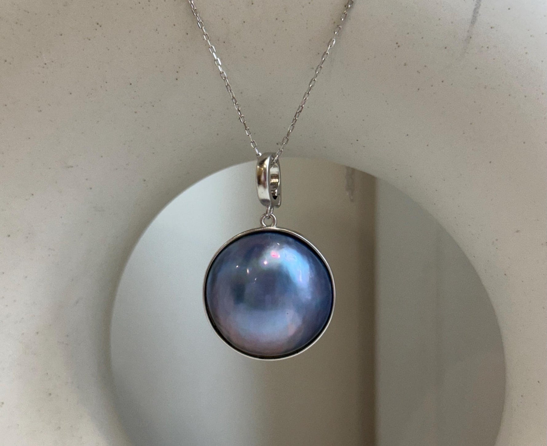 20.7mm Purple blue iridescent Ocean Round Mabe Pearl Pendant: Extreme luster, S925 Silver base pendant Necklace Set.
