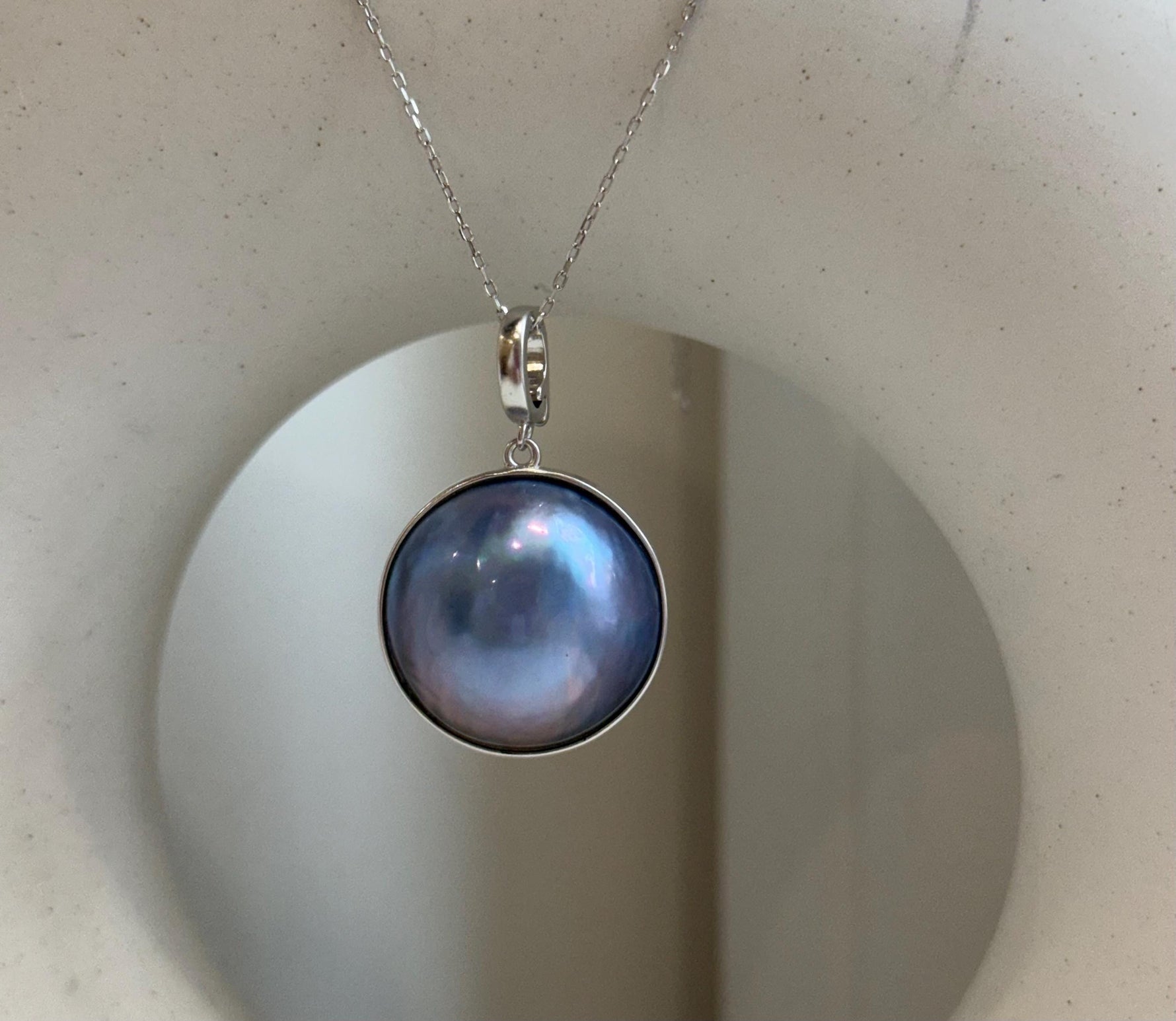 20.7mm Purple blue iridescent Ocean Round Mabe Pearl Pendant: Extreme luster, S925 Silver base pendant Necklace Set.