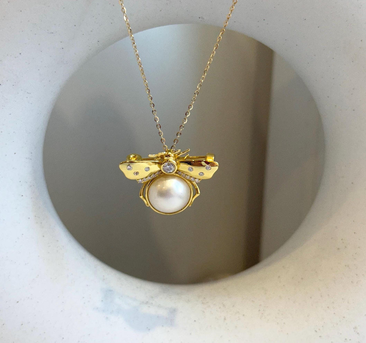 12mm Ivory ocean mabe Bee Pendant brooch 2in1: Extreme luster, S925 silver pendant chain set. gift for her graduation