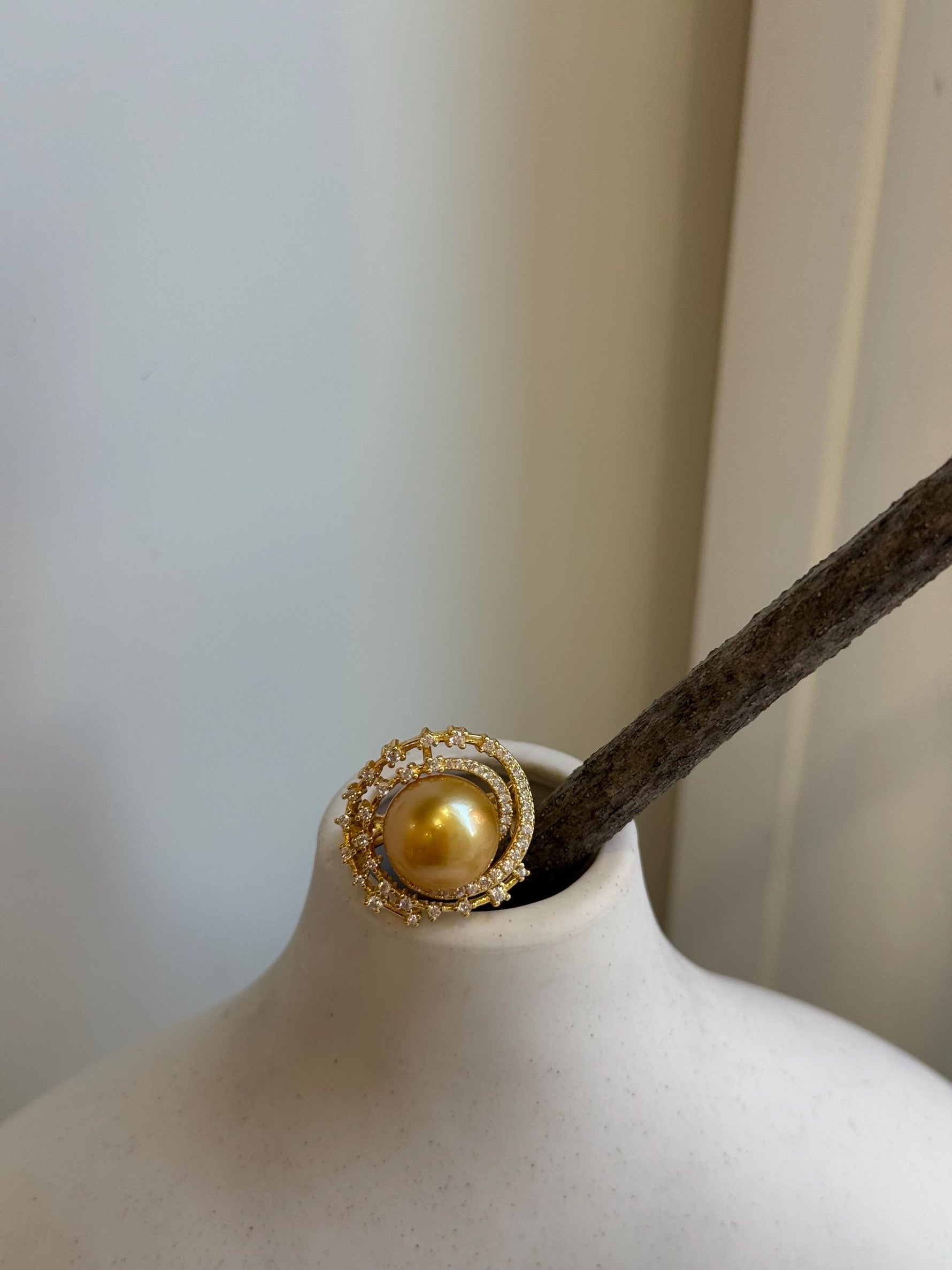 11.5mm South sea golden ocean pearl Ring: Extreme luster mirrored, S925 silver adjustable Vintage Ring. gift for her birthday