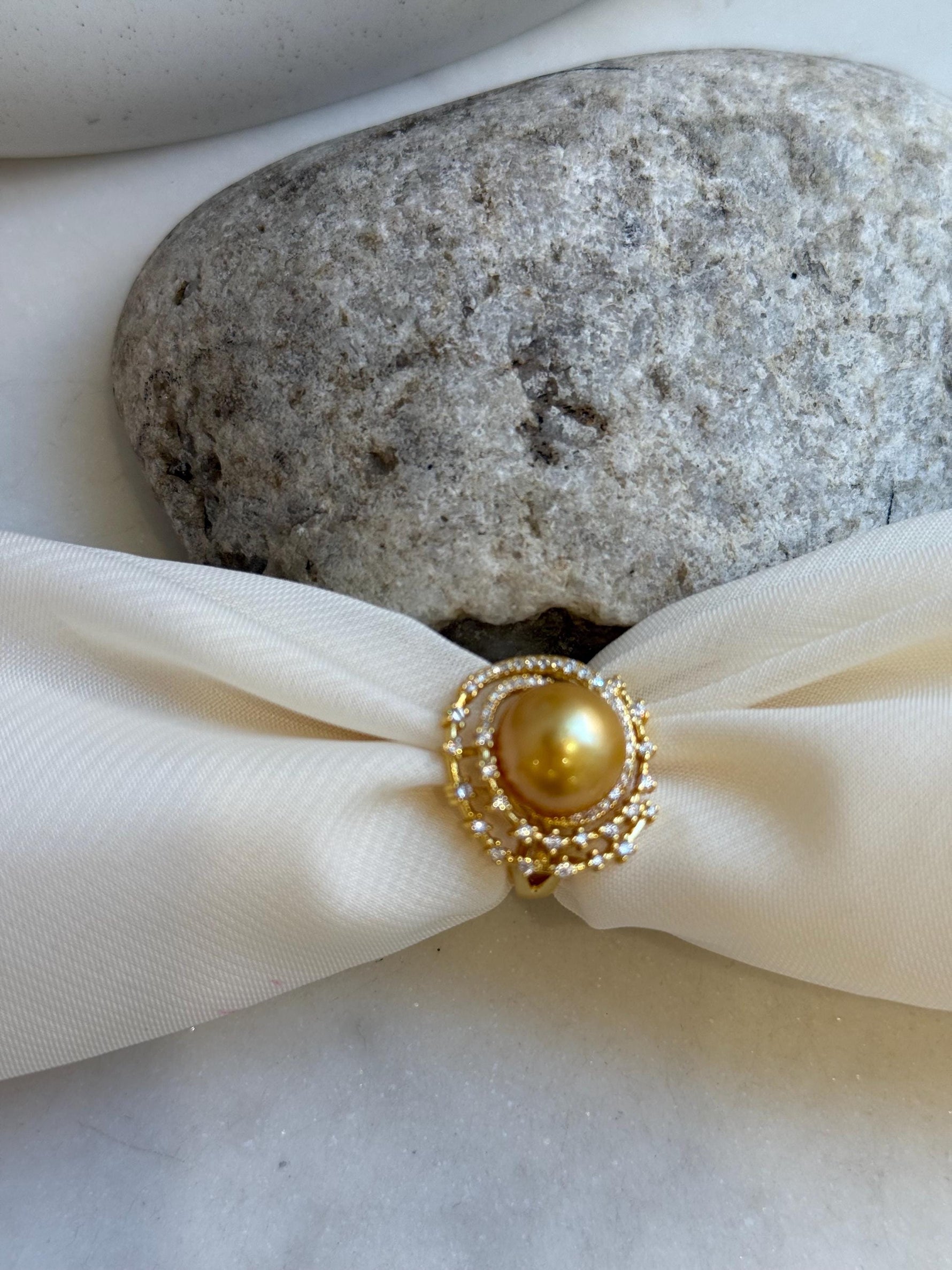 11.5mm South sea golden ocean pearl Ring: Extreme luster mirrored, S925 silver adjustable Vintage Ring.