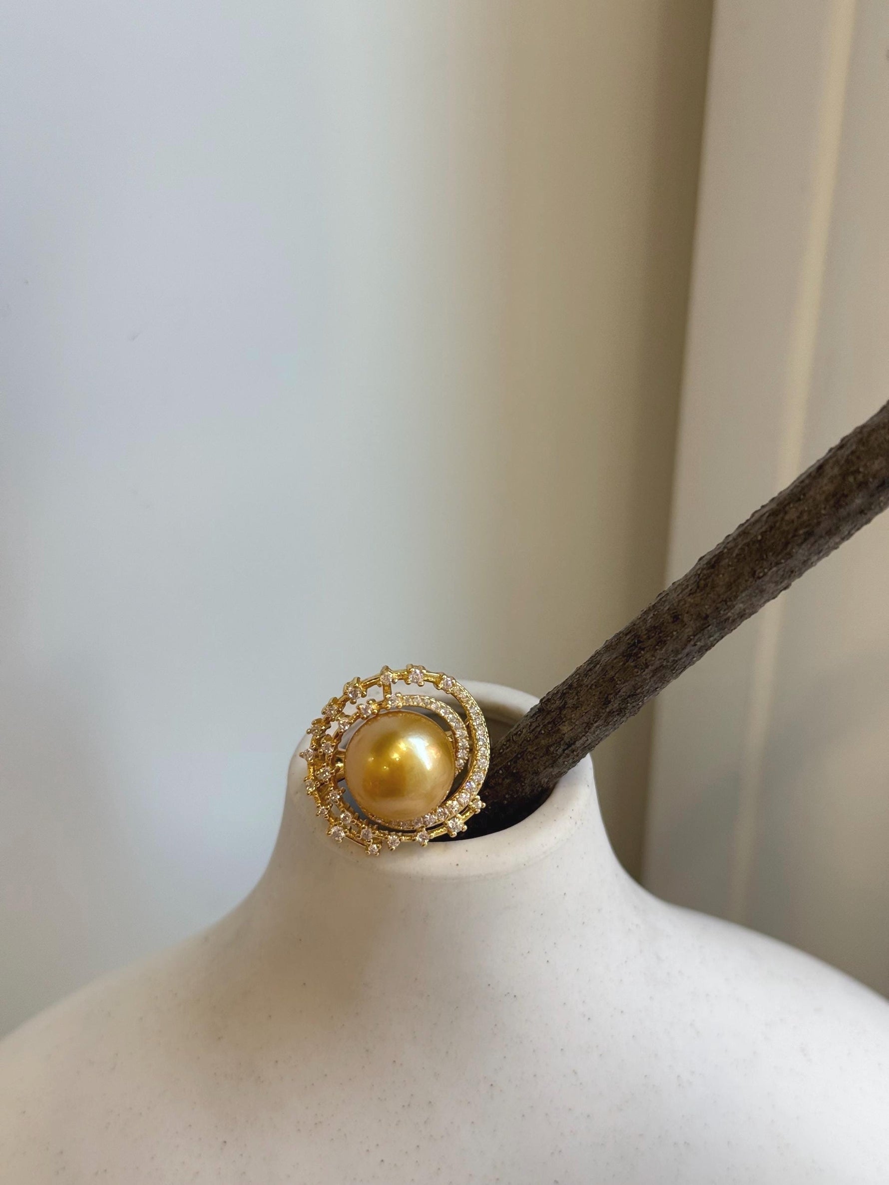 11.5mm South sea golden ocean pearl Ring: Extreme luster mirrored, S925 silver adjustable Vintage Ring.