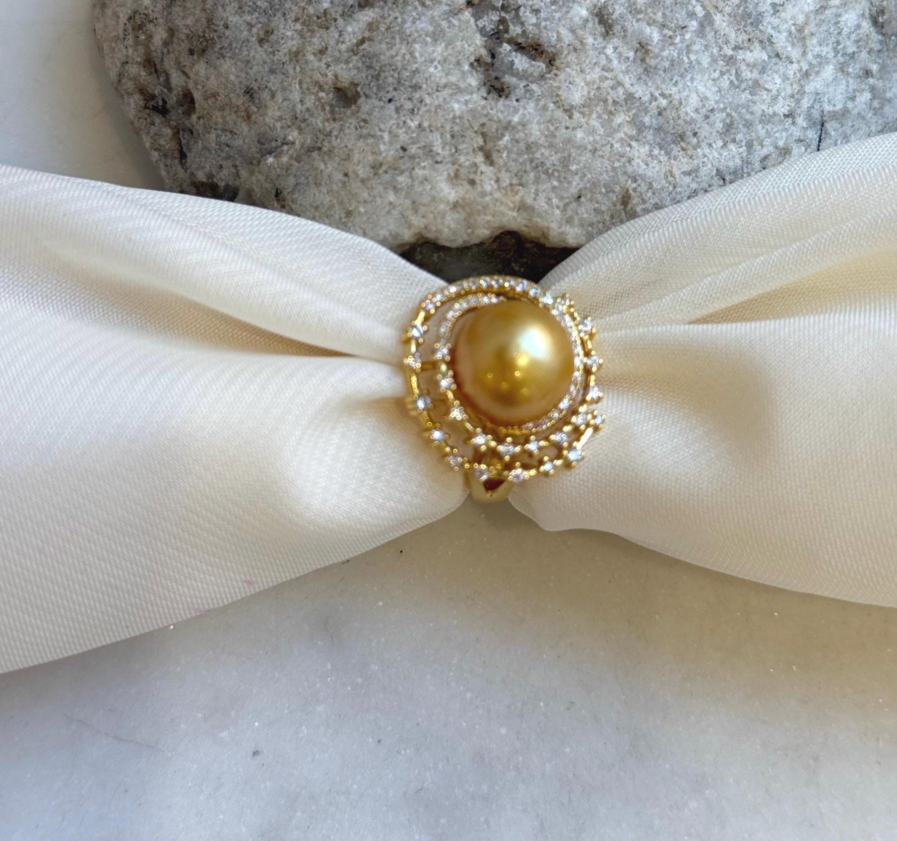 11.5mm South sea golden ocean pearl Ring: Extreme luster mirrored, S925 silver adjustable Vintage Ring.