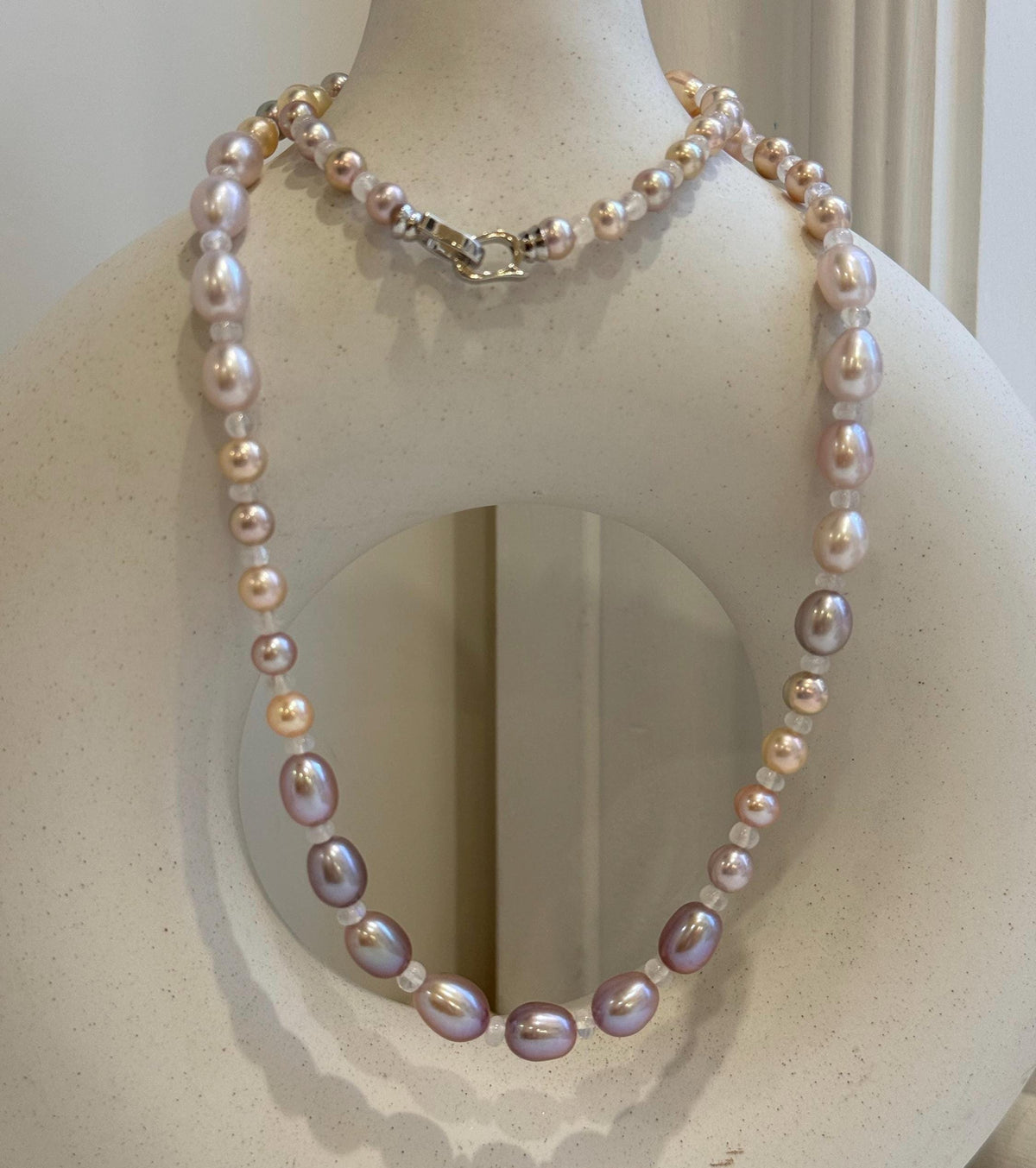 20” 5.5-7.9mm Multicolor Pearls Necklace: Extreme luster mirrored, S925 silver Long necklace with moonstones.