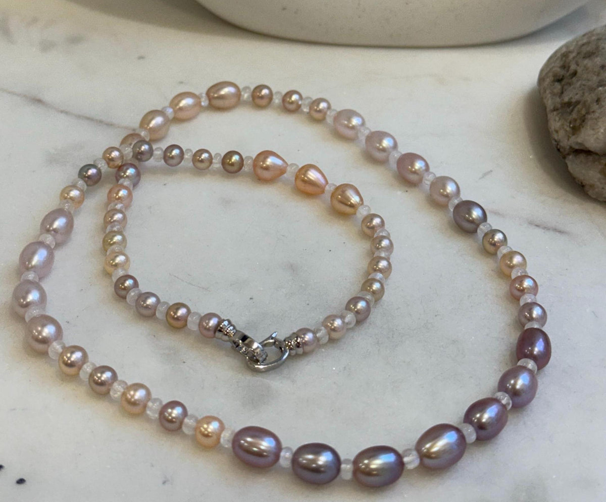 20” 5.5-7.9mm Multicolor Pearls Necklace: Extreme luster mirrored, S925 silver Long necklace with moonstones. gift for her birthday