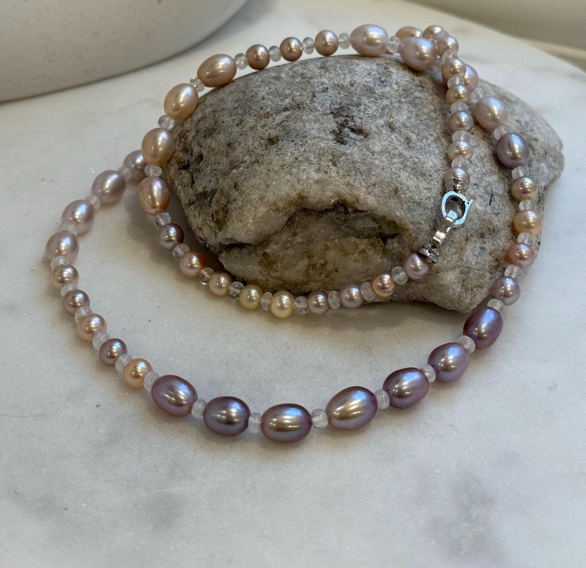 20” 5.5-7.9mm Multicolor Pearls Necklace: Extreme luster mirrored, S925 silver Long necklace with moonstones.