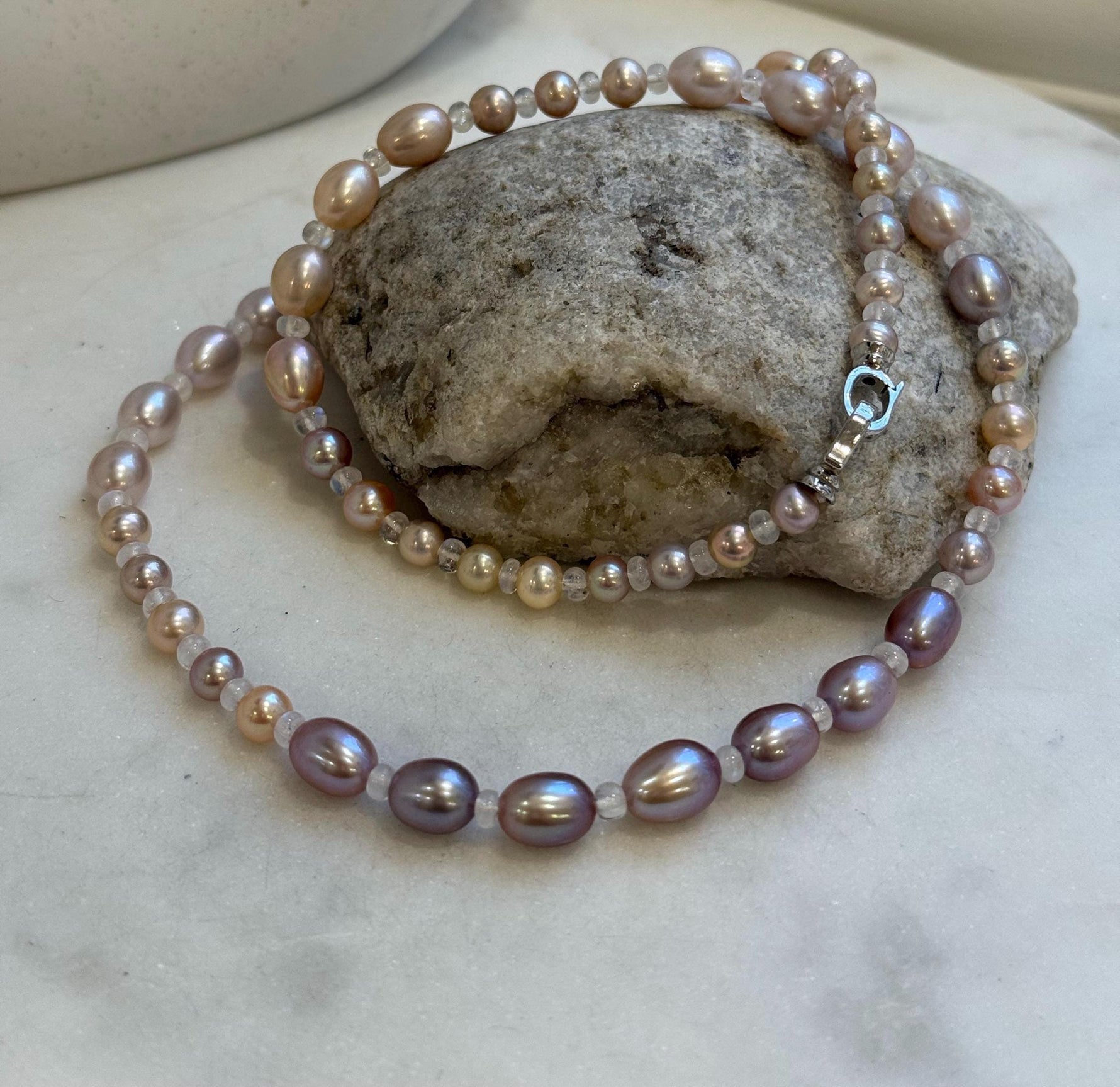 20” 5.5-7.9mm Multicolor Pearls Necklace: Extreme luster mirrored, S925 silver Long necklace with moonstones.