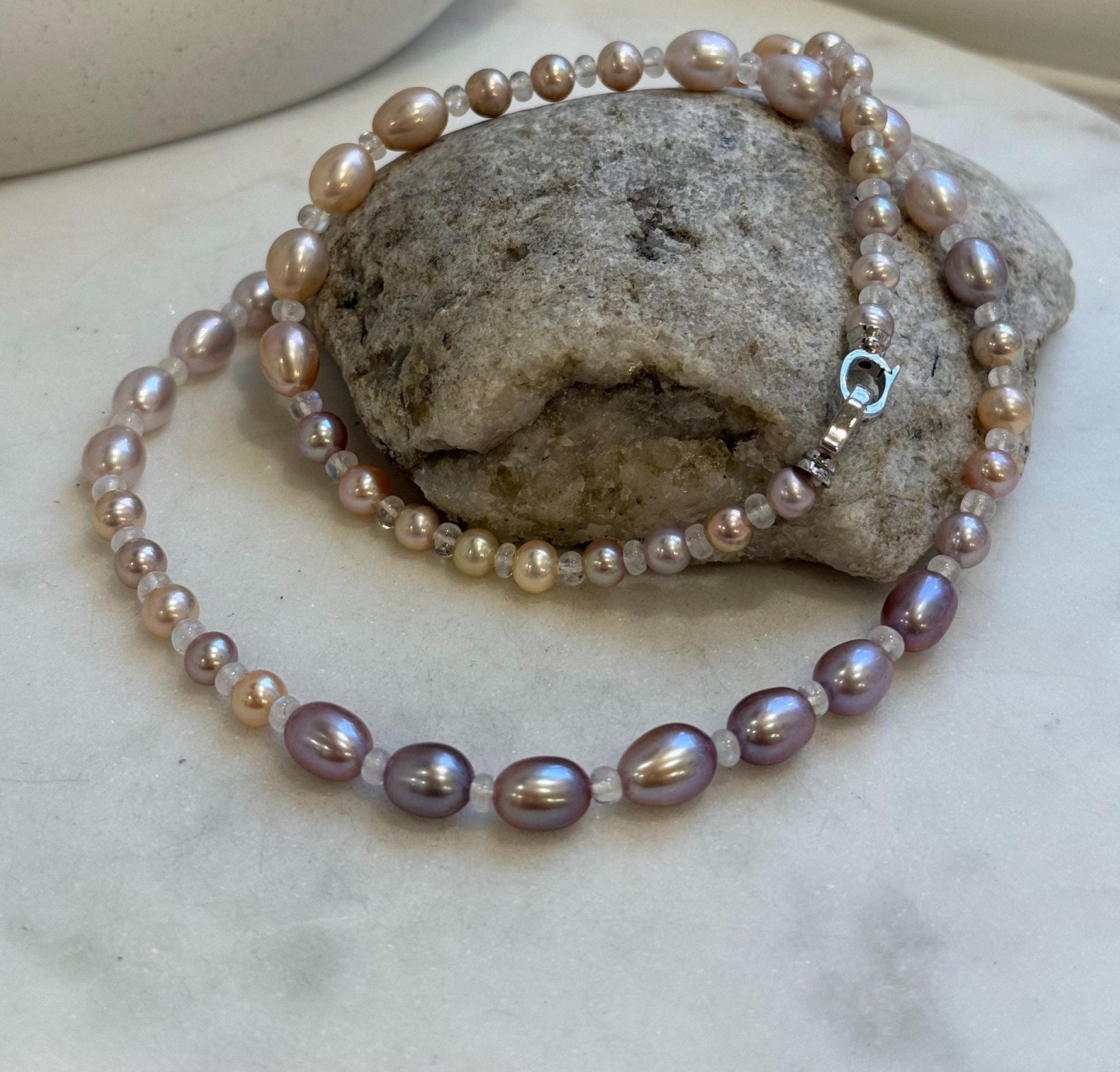20” 5.5-7.9mm Multicolor Pearls Necklace: Extreme luster mirrored, S925 silver Long necklace with moonstones.