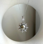 10.4mm Tahitian platinum ocean pearl Floral pendant: Extreme luster mirrored, S925 silver pendant chain set. gift for her,Pearl Jewelry Idea