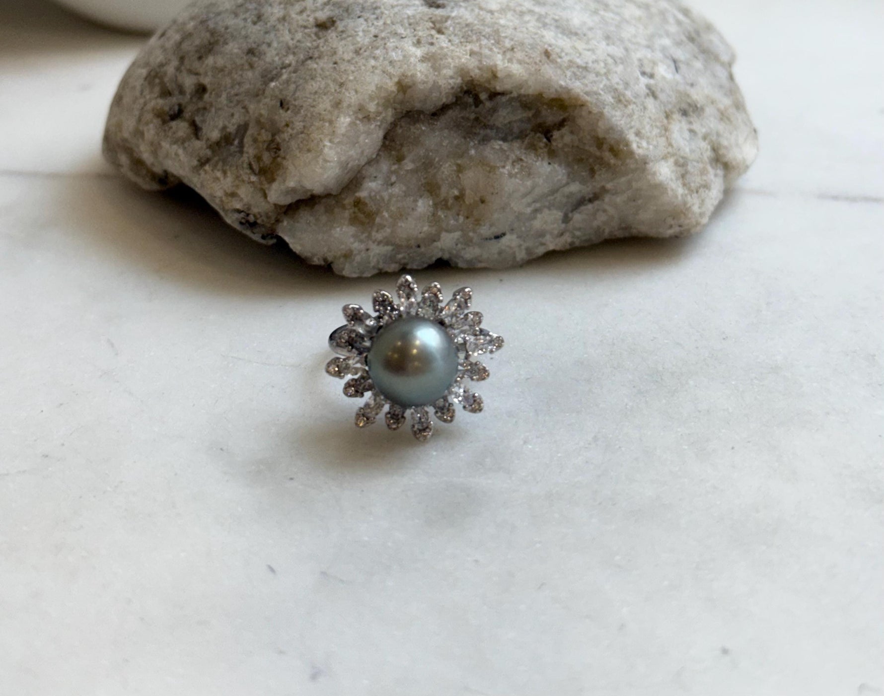 10.1mm Tahitian Ocean Platinum Pearl Ring: Extreme luster mirrored, S925 silver Floral adjustable Ring.