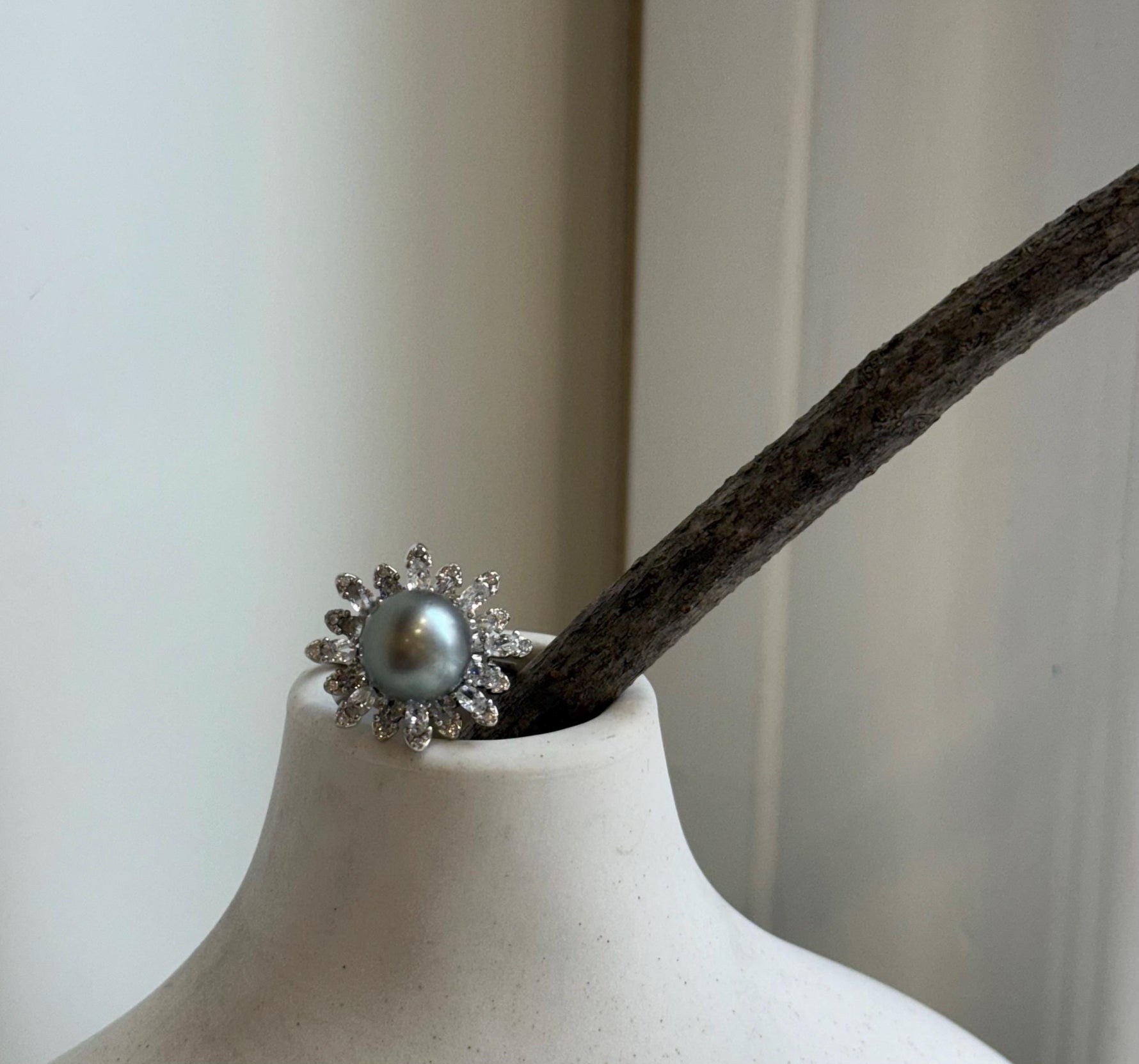 10.1mm Tahitian Ocean Platinum Pearl Ring: Extreme luster mirrored, S925 silver Floral adjustable Ring.