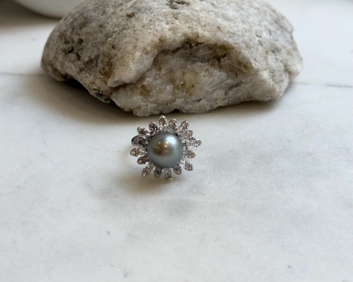 10.1mm Tahitian Ocean Platinum Pearl Ring: Extreme luster mirrored, S925 silver Floral adjustable Ring.