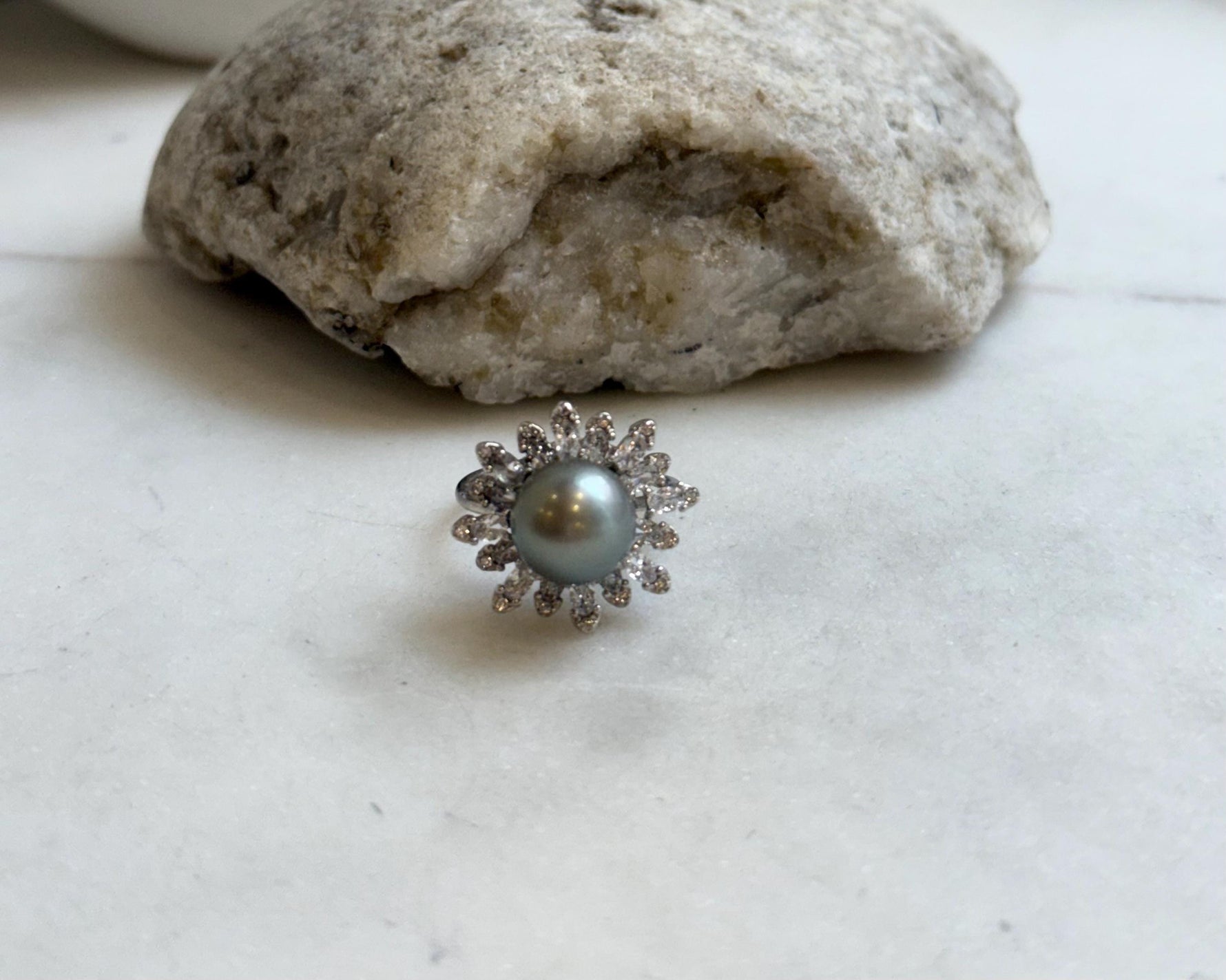 10.1mm Tahitian Ocean Platinum Pearl Ring: Extreme luster mirrored, S925 silver Floral adjustable Ring.
