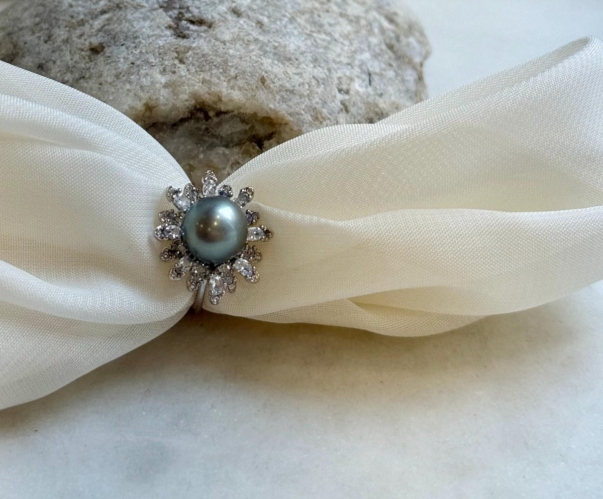 10.1mm Tahitian Ocean Platinum Pearl Ring: Extreme luster mirrored, S925 silver Floral adjustable Ring.
