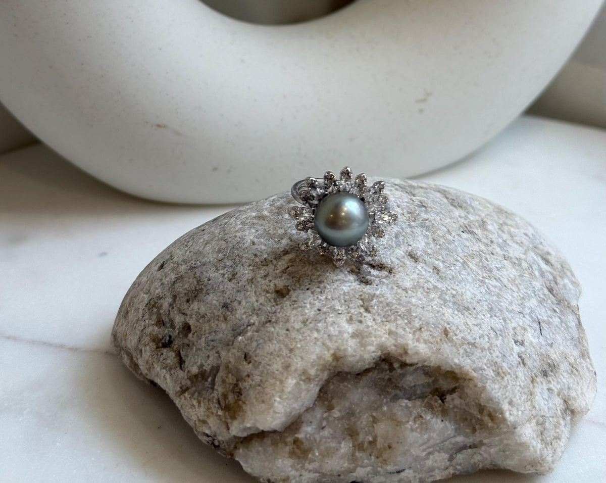 10.1mm Tahitian Ocean Platinum Pearl Ring: Extreme luster mirrored, S925 silver Floral adjustable Ring.