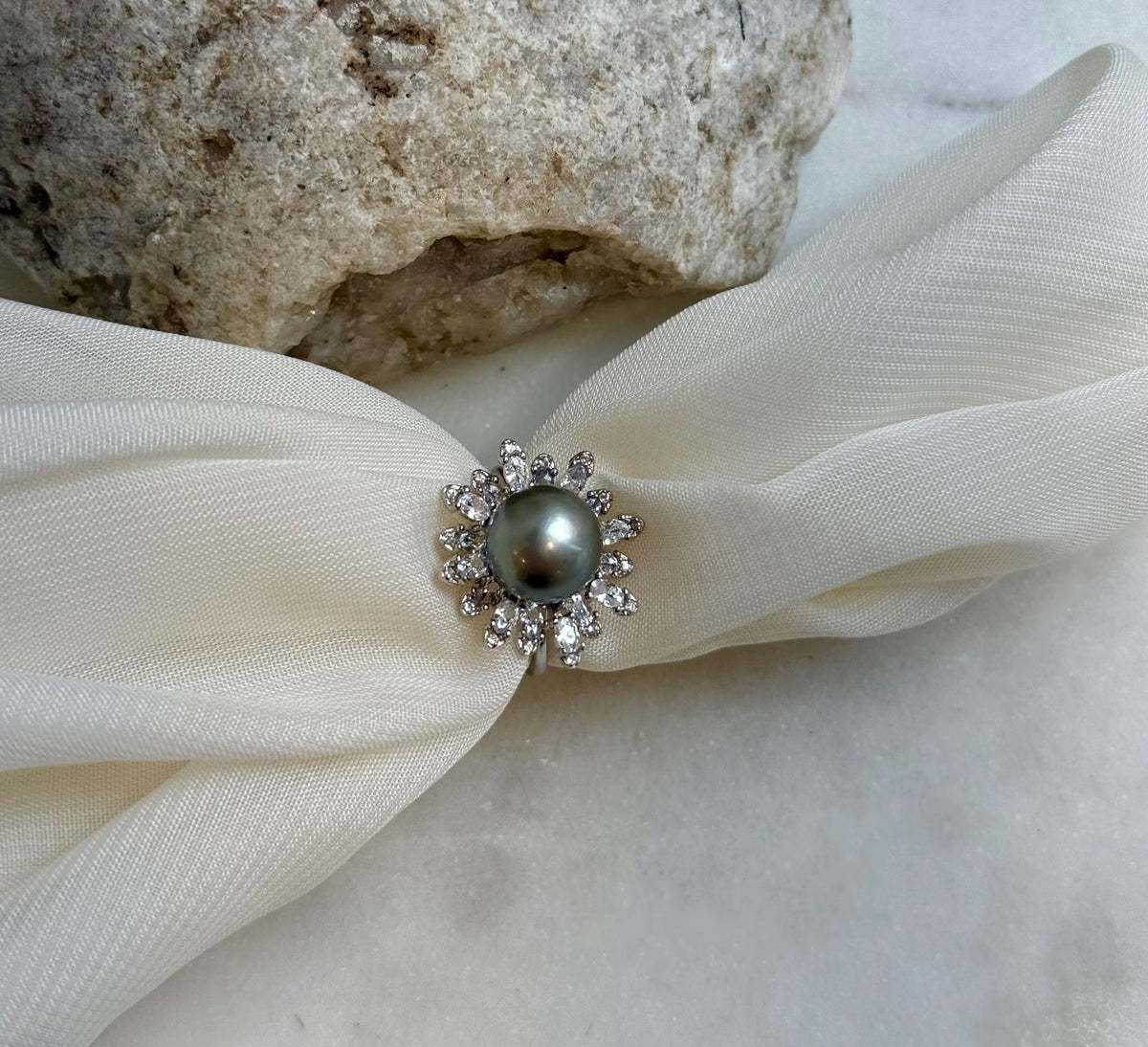 10.1mm Tahitian Ocean Platinum Pearl Ring: Extreme luster mirrored, S925 silver Floral adjustable Ring. office Ring