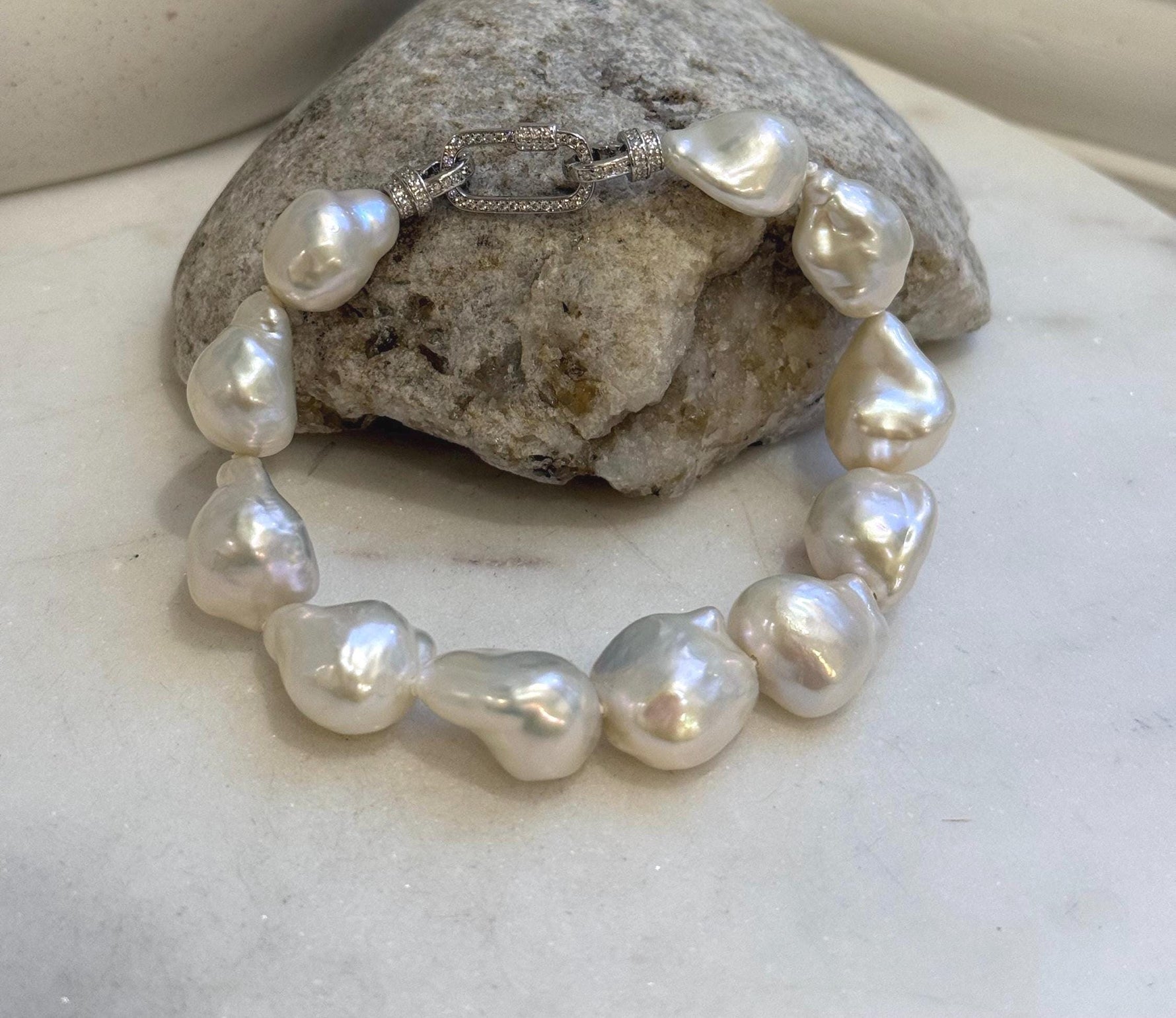 11pcs 12.4-14.6mm Baroque pearls Braclet: Extreme luster mirrored, 8.1”, S925 silver Braclet.