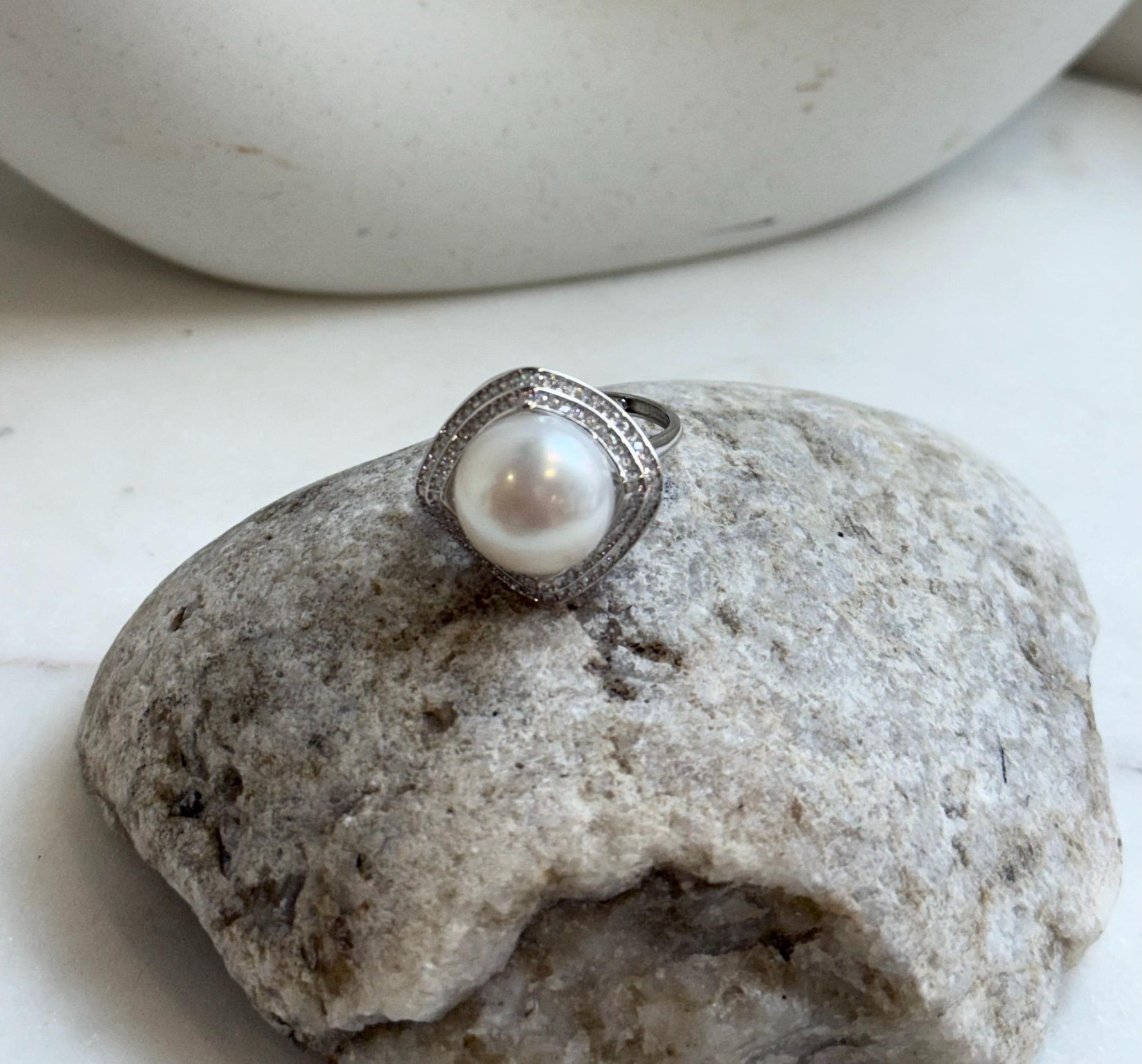 13.6mm Freshwater Edison cold white round pearl Ring:  Extreme luster mirrored, S925 silver adjustable ring. Pearl Jewelry Idea. gift for her