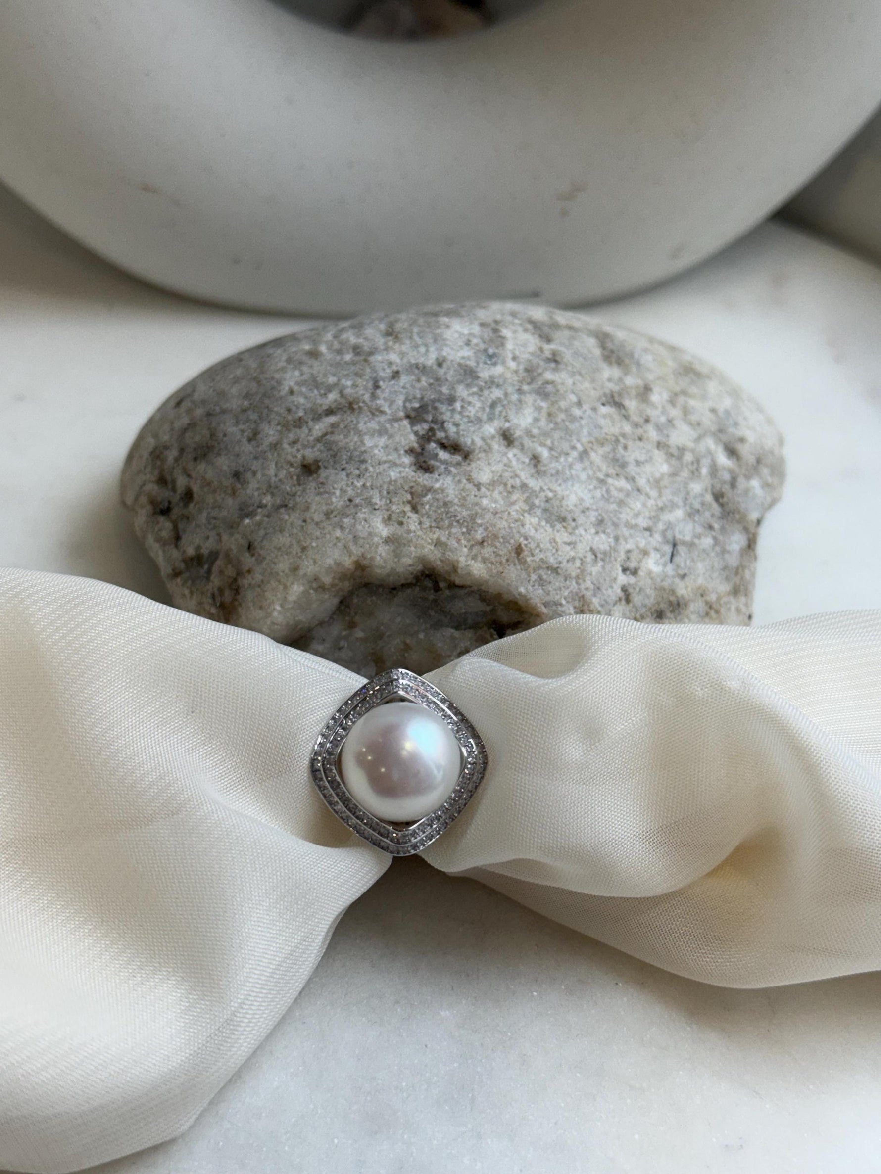 13.6mm Freshwater Edison cold white round pearl Ring:  Extreme luster mirrored, S925 silver adjustable ring. Pearl Jewelry Idea. gift for her
