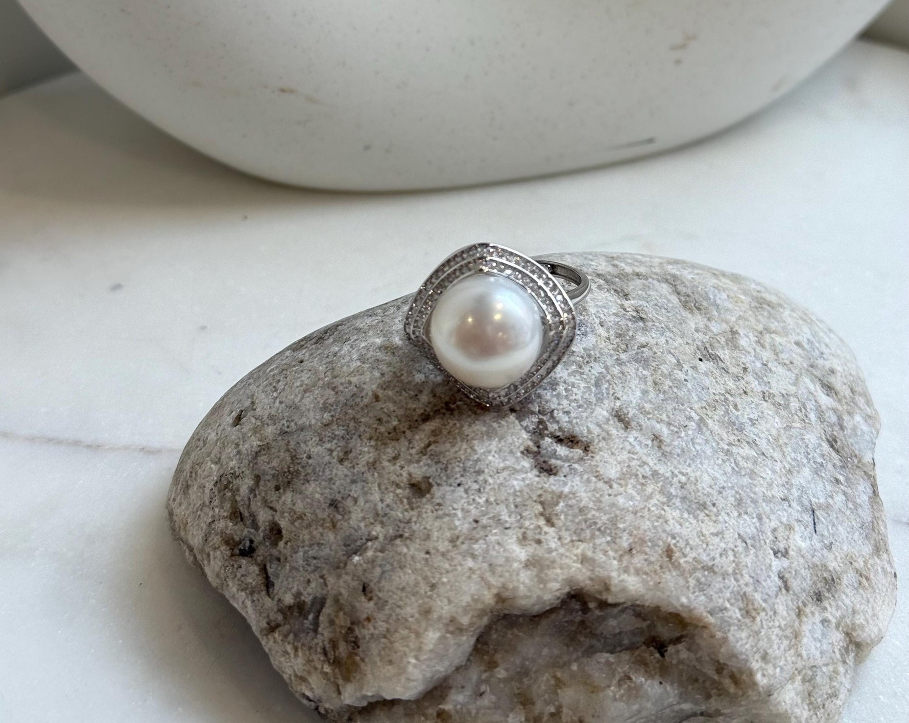 13.6mm Freshwater Edison cold white round pearl Ring:  Extreme luster mirrored, S925 silver adjustable ring. Pearl Jewelry Idea. gift for her