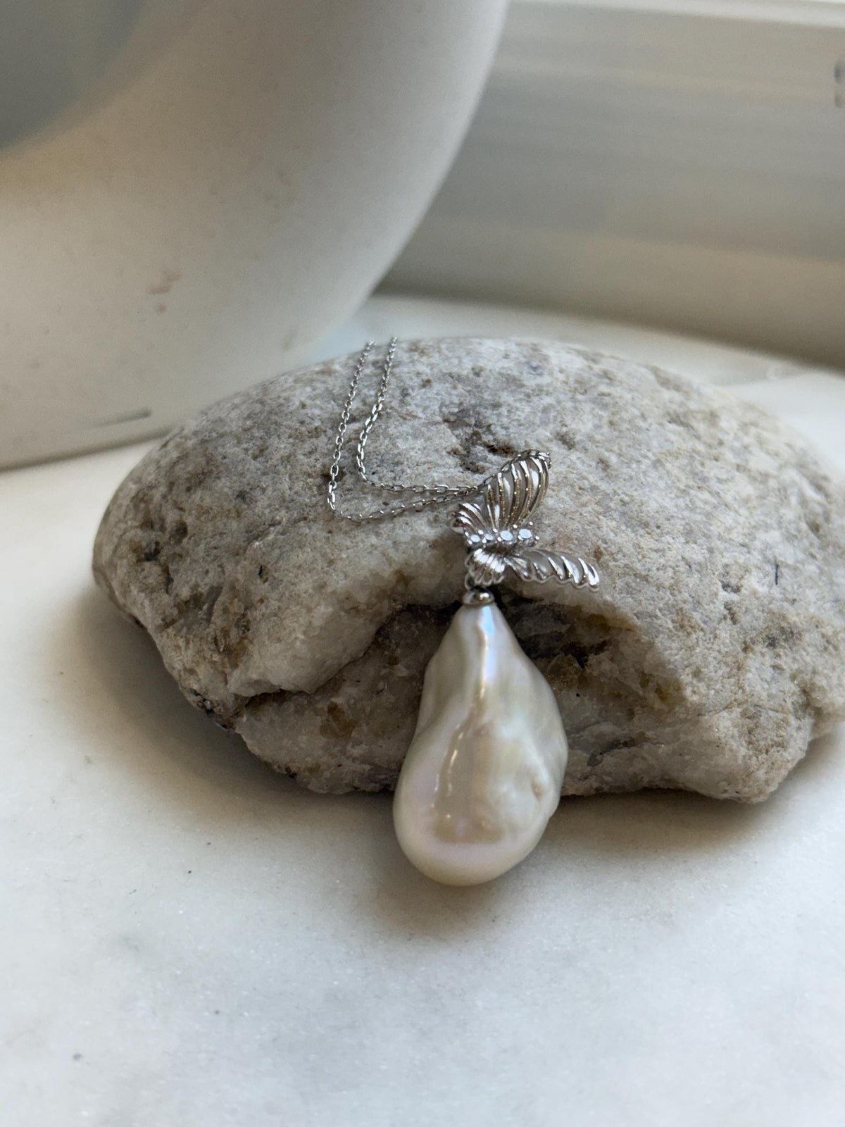 16.2x28mm white baroque pearl butterfly pendant: Extreme luster, s925 silver chain set. Pearl jewelry idea. gift for her