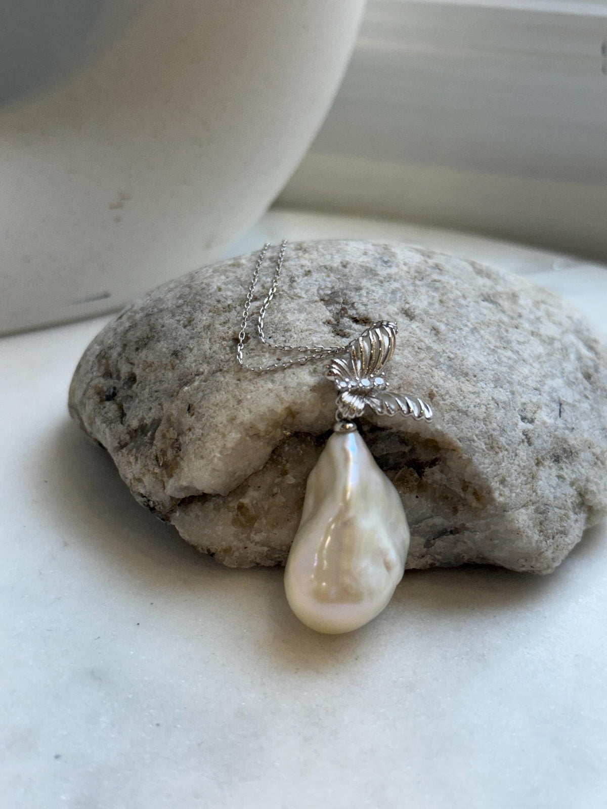 16.2x28mm white baroque pearl butterfly pendant: Extreme luster, s925 silver chain set. Pearl jewelry idea. gift for her daily wear