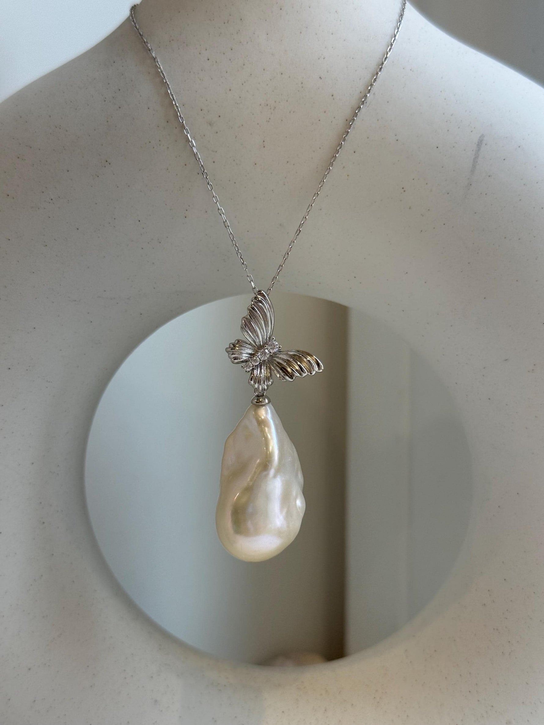 16.2x28mm white baroque pearl butterfly pendant: Extreme luster, s925 silver chain set. Pearl jewelry idea. gift for her