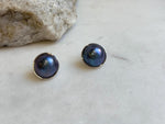 15mm ocean Mabe earrings: Extreme luster mirrored, blue purple pearls, s925 silver edges and studs.