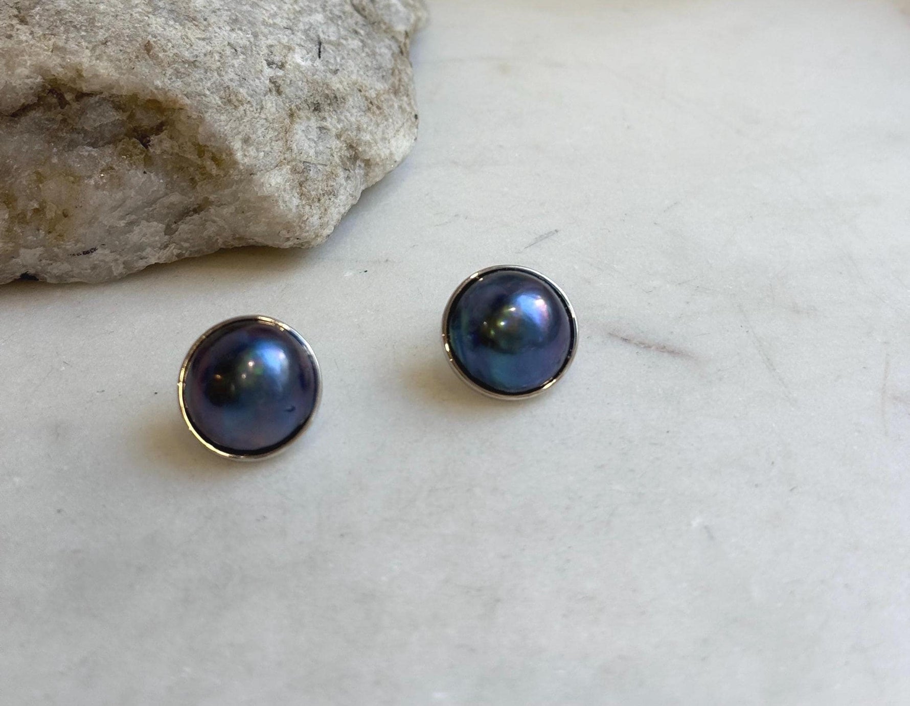 15mm ocean Mabe earrings: Extreme luster mirrored, blue purple pearls, s925 silver edges and studs. gift for her anniversary