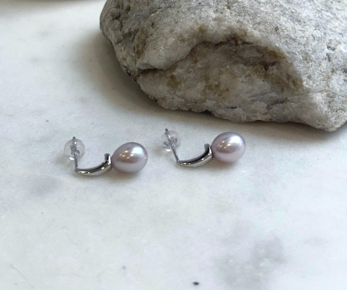 7.9mm Freshwater pearls Earrings: Extreme luster mirrored, Metallic rose lilac, 1.9cm high, S925 silver earrings.Pearl Jewelry Idea.