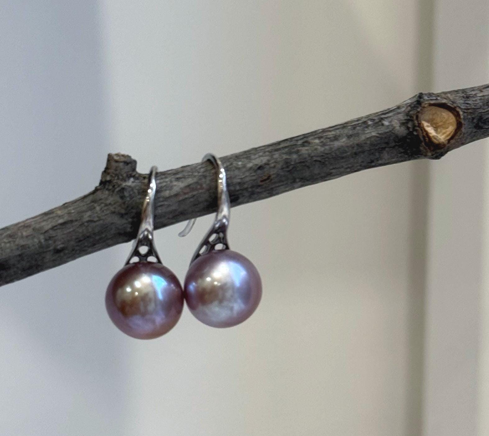 9.3mm Freshwater Edison pearls S925 silver High heel Earrings: Extreme luster mirrored, Metallic purple lavender.Pearl Jewelry Idea.