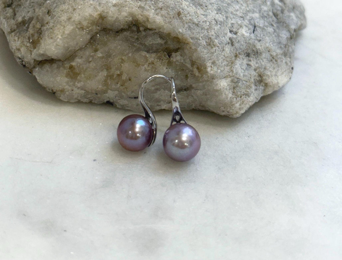 9.3mm Freshwater Edison pearls S925 silver High heel Earrings: Extreme luster mirrored, Metallic purple lavender.Pearl Jewelry Idea.