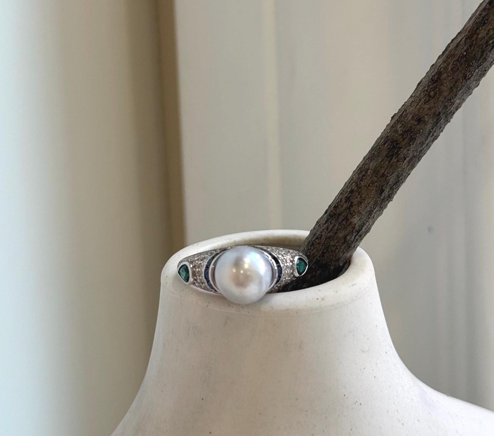 8.6mm Akoya blue silver ocean pearl Vintage ring: Extreme luster mirrored, S925 silver adjustable ring. Pearl Jewelry Idea. daily pearl ring