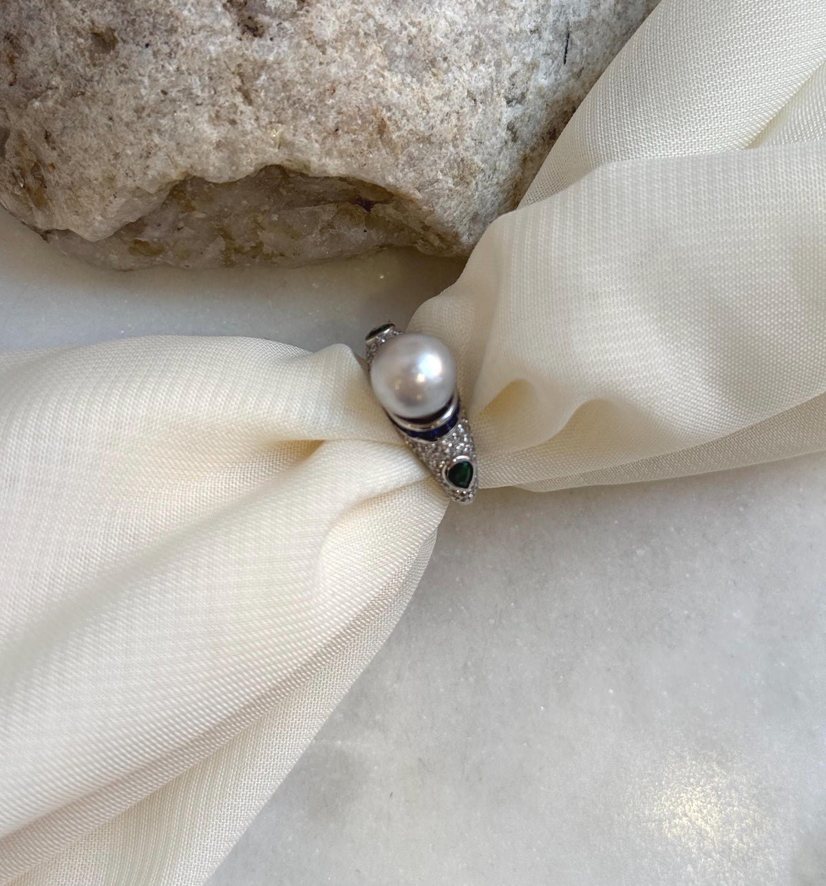 8.6mm Akoya blue silver ocean pearl Vintage ring: Extreme luster mirrored, S925 silver adjustable ring. Pearl Jewelry Idea.