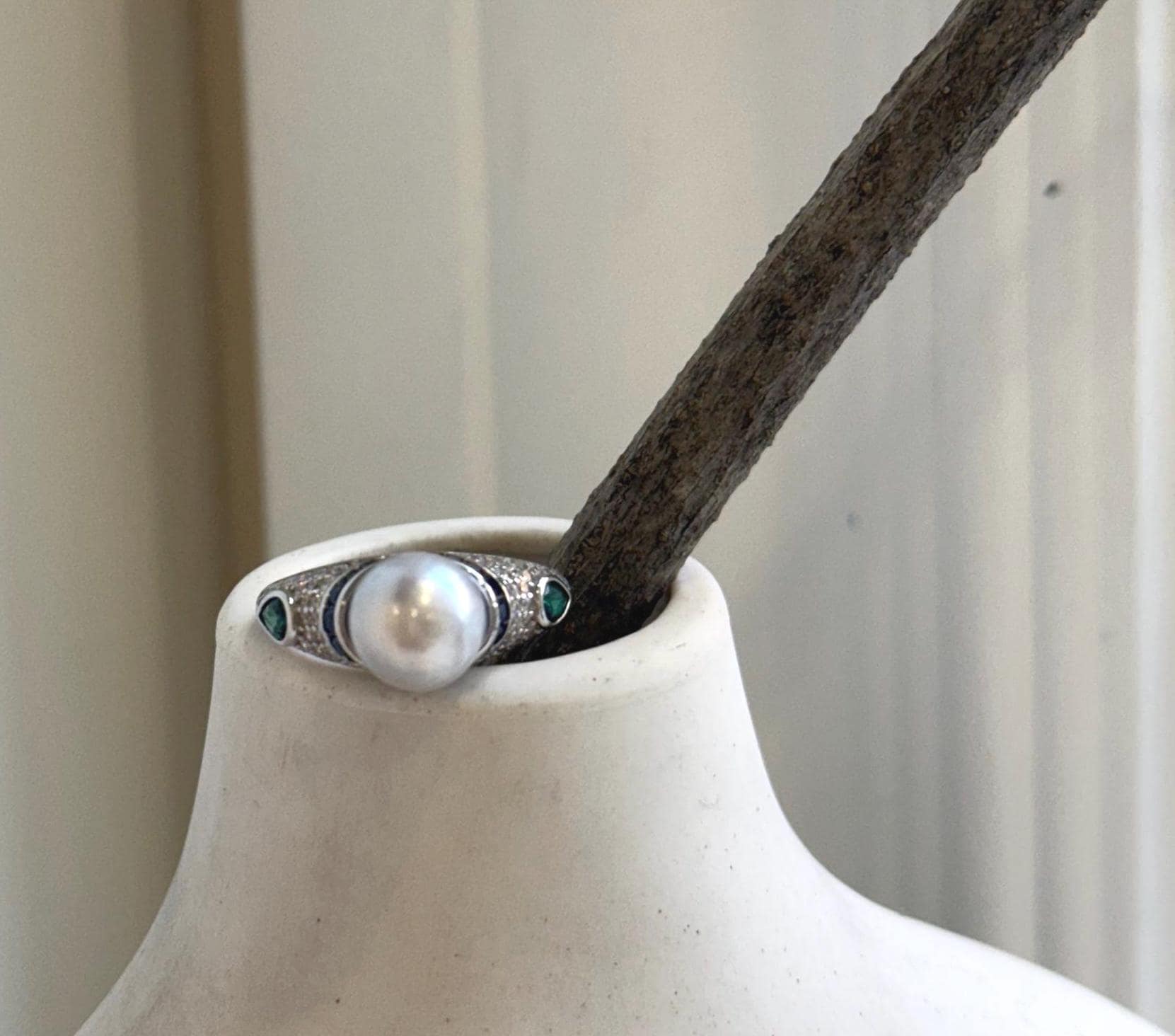 8.6mm Akoya blue silver ocean pearl Vintage ring: Extreme luster mirrored, S925 silver adjustable ring. Pearl Jewelry Idea.