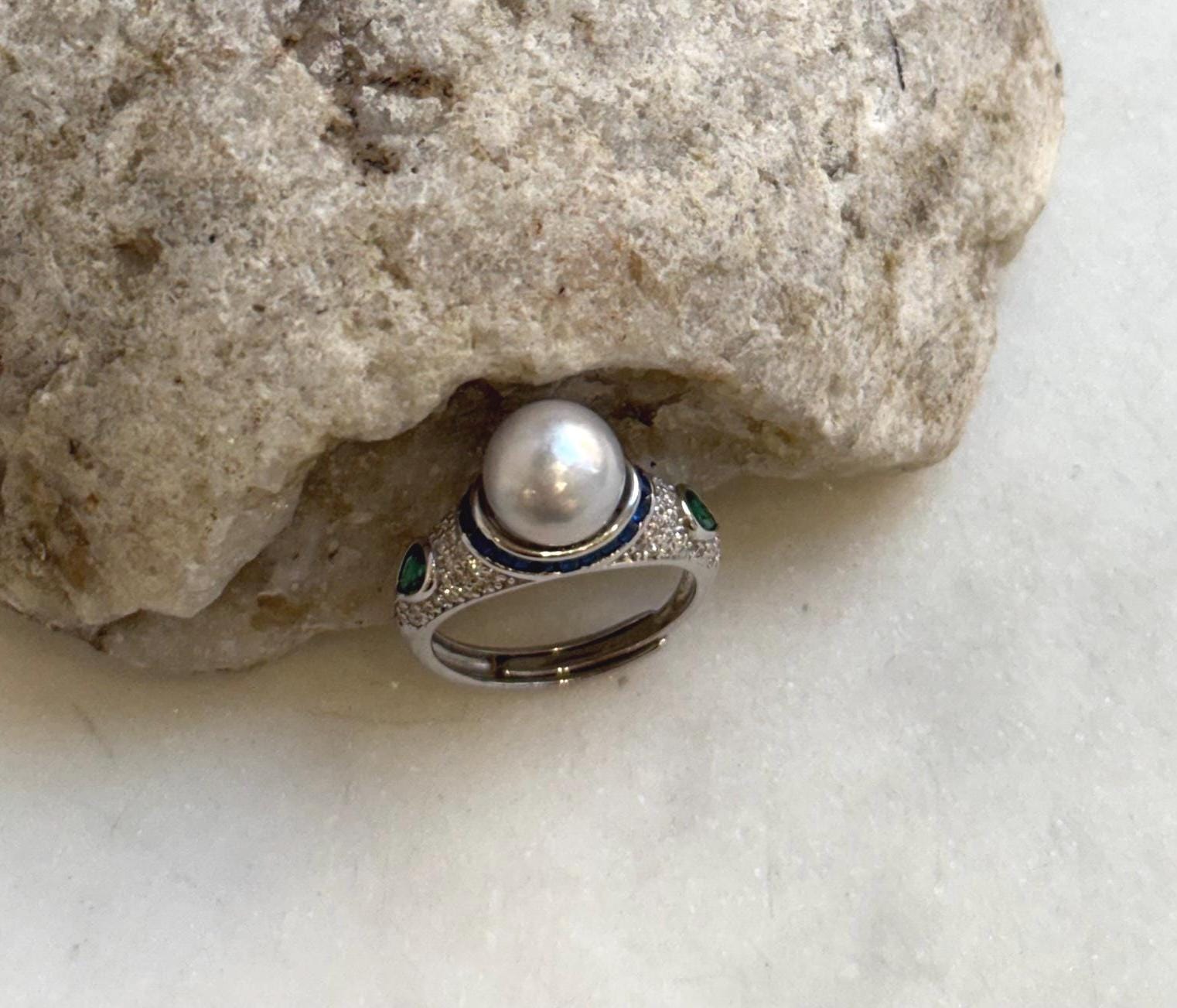 8.6mm Akoya blue silver ocean pearl Vintage ring: Extreme luster mirrored, S925 silver adjustable ring. Pearl Jewelry Idea. gift for her birthday
