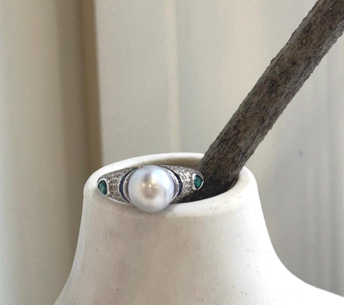 8.6mm Akoya blue silver ocean pearl Vintage ring: Extreme luster mirrored, S925 silver adjustable ring. Pearl Jewelry Idea.