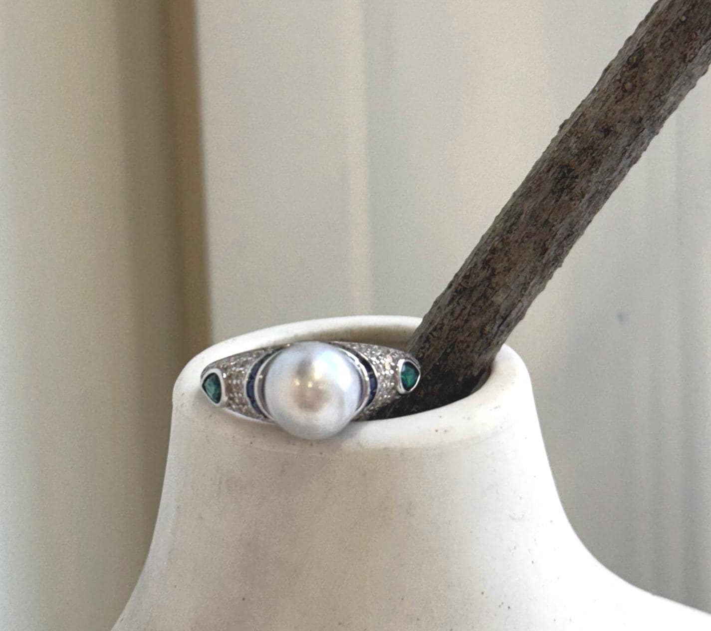 8.6mm Akoya blue silver ocean pearl Vintage ring: Extreme luster mirrored, S925 silver adjustable ring. Pearl Jewelry Idea.